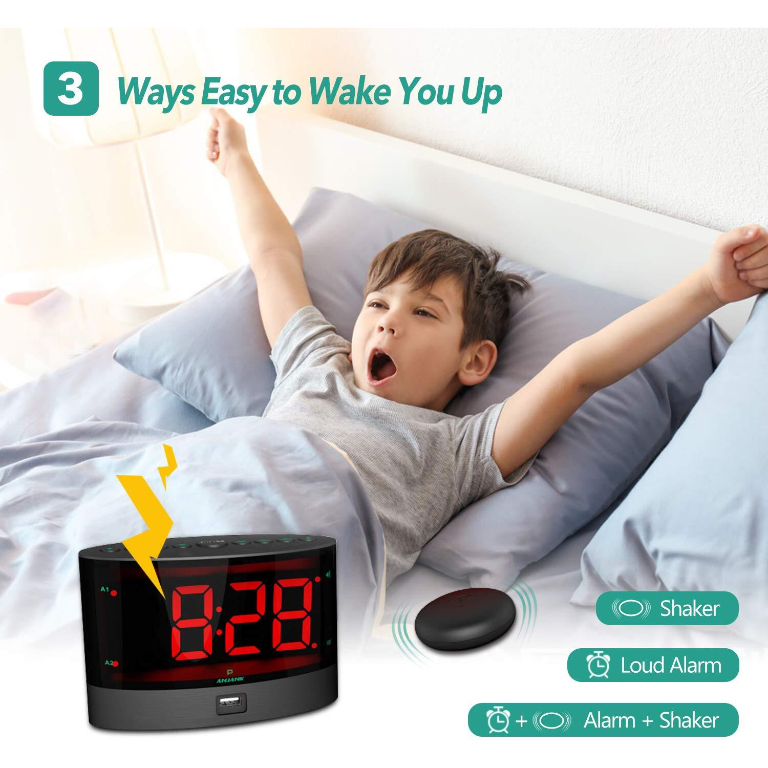 Anjank Extra Loud Alarm Clock With Wireless Bed Shaker, Vibrating Dual Alarm For Heavy Sleepers, Deaf And Hearing-Impaired, Adjustable Volume/Dimmer/Wake Up Mode, Usb Charger Port
