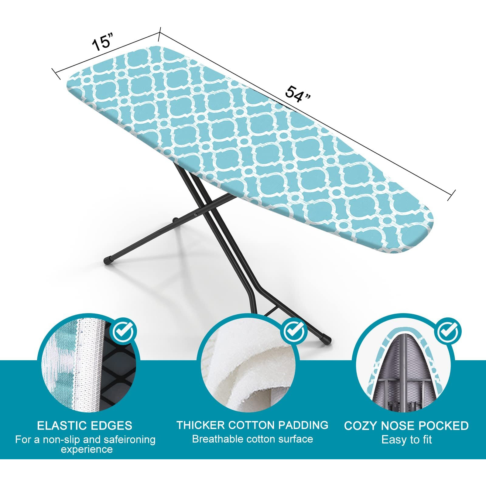 Ironing Board Cover And Pad, Standard Size 15"" X 54"" Iron Board Replacement Cover, 4 Layers Extra Thick Iron Board Cover Resist Scorching And Staining With Elastic Edge And 2 Fastener Straps