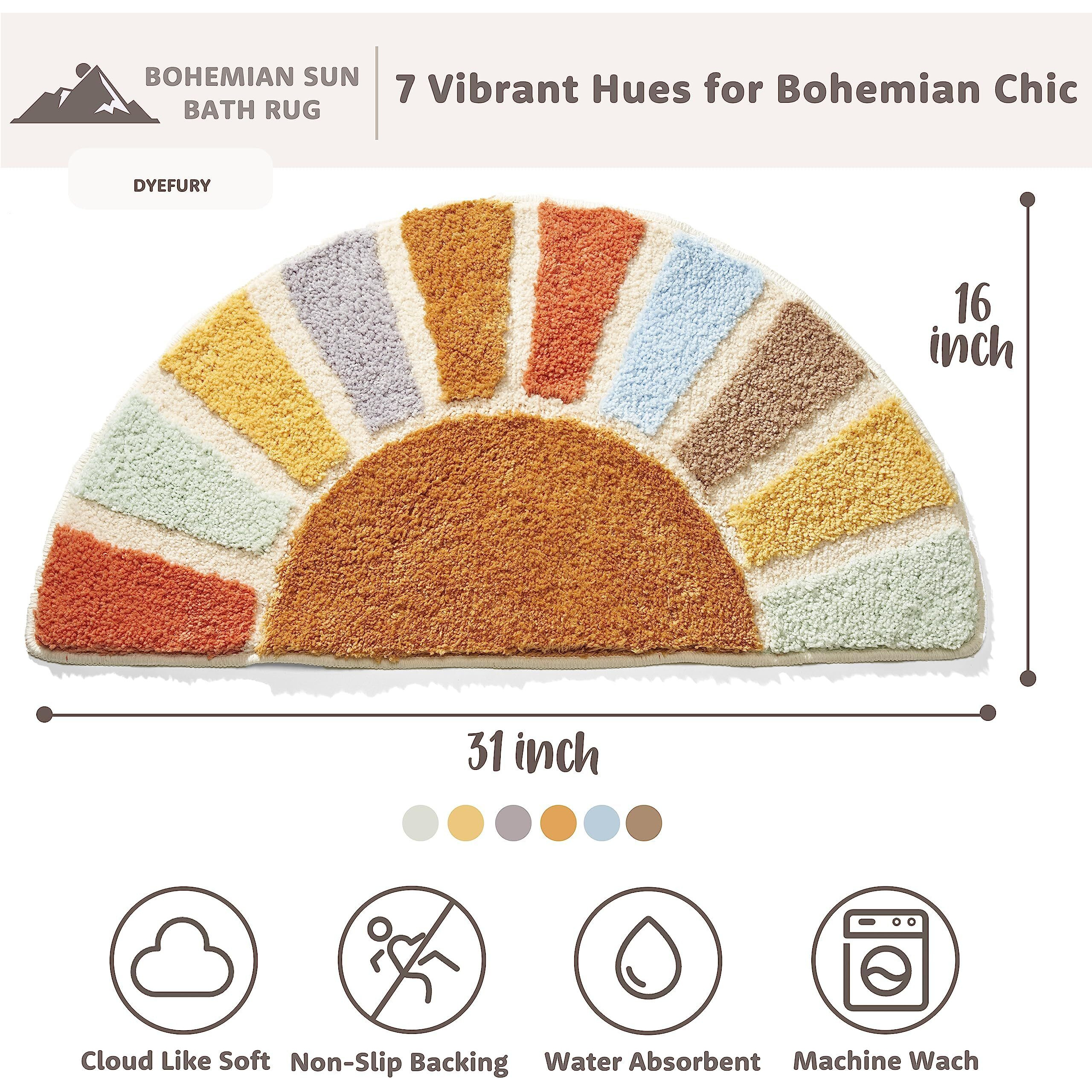 Dyefury Sunrise Boho Bathroom Rugs,Half Circle Bath Mat Cute,Sun Bath Mats,Retro Bohemian Home Bathroom Decor,Small Colorful Fun Semi Round Shower Rug Non-Slip,Funny Washable Rug Bedroom 31"&quotX16""