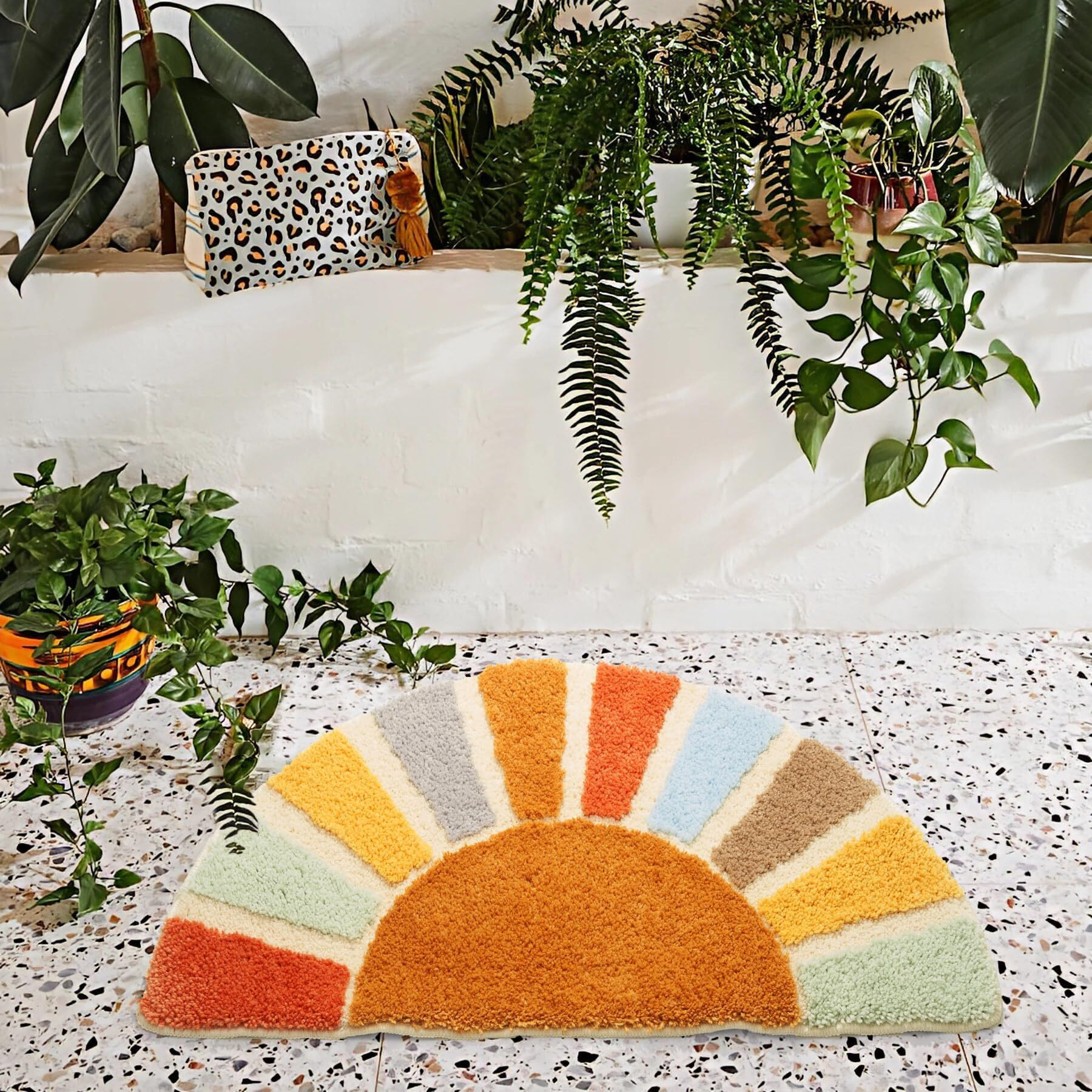 Dyefury Sunrise Boho Bathroom Rugs,Half Circle Bath Mat Cute,Sun Bath Mats,Retro Bohemian Home Bathroom Decor,Small Colorful Fun Semi Round Shower Rug Non-Slip,Funny Washable Rug Bedroom 31"&quotX16""