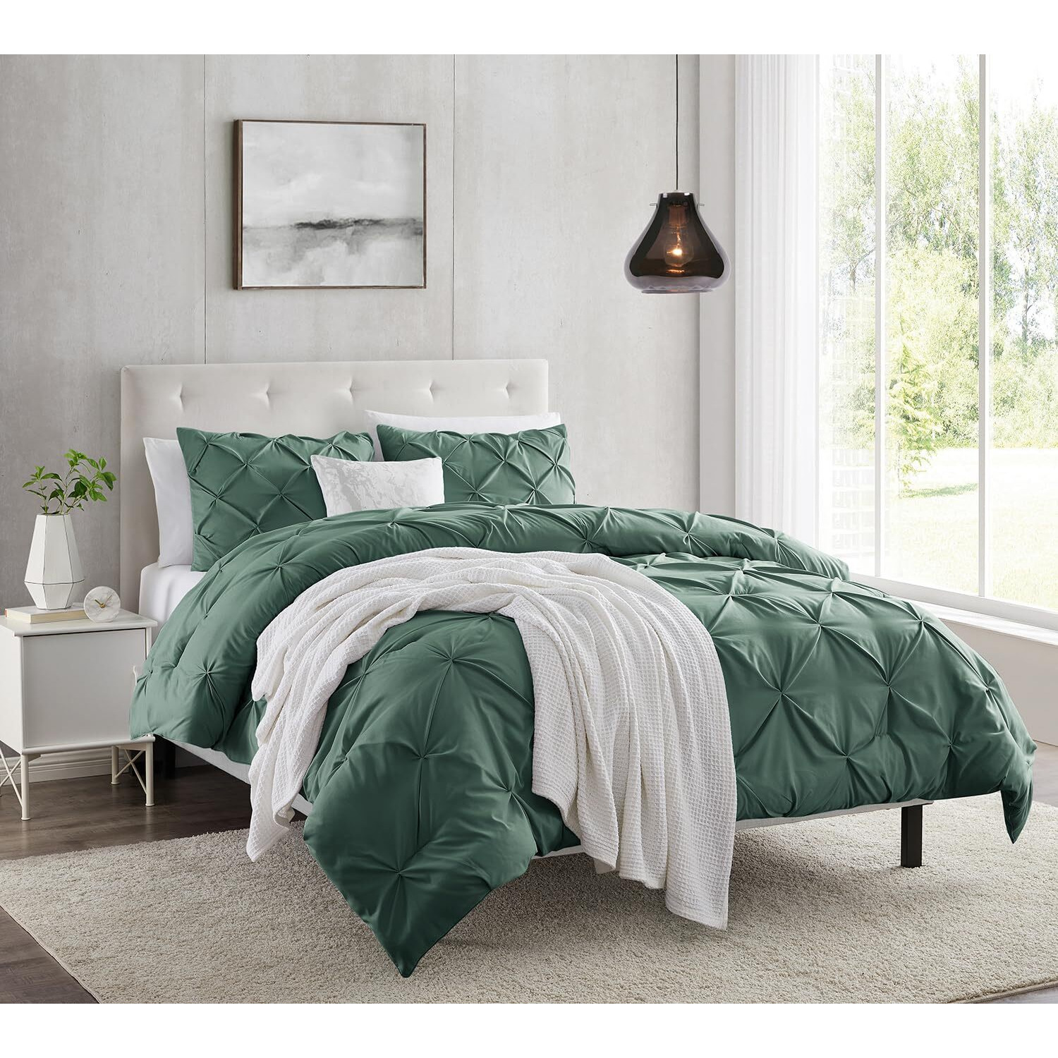 Nestl California King Duvet Cover Sets Forest Green- Pintuck Duvet Cover California King, 3 Piece Duvet Cover With Button Closure, 1 Pinch Pleated Cal King Duvet Cover 104X98 Inches And 2 Pillow Shams