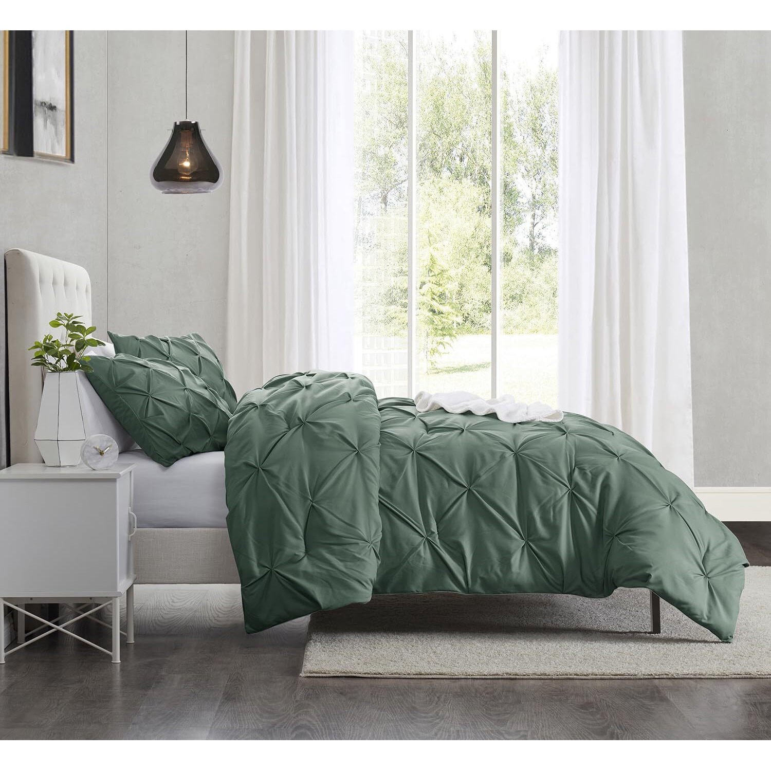 Nestl California King Duvet Cover Sets Forest Green- Pintuck Duvet Cover California King, 3 Piece Duvet Cover With Button Closure, 1 Pinch Pleated Cal King Duvet Cover 104X98 Inches And 2 Pillow Shams