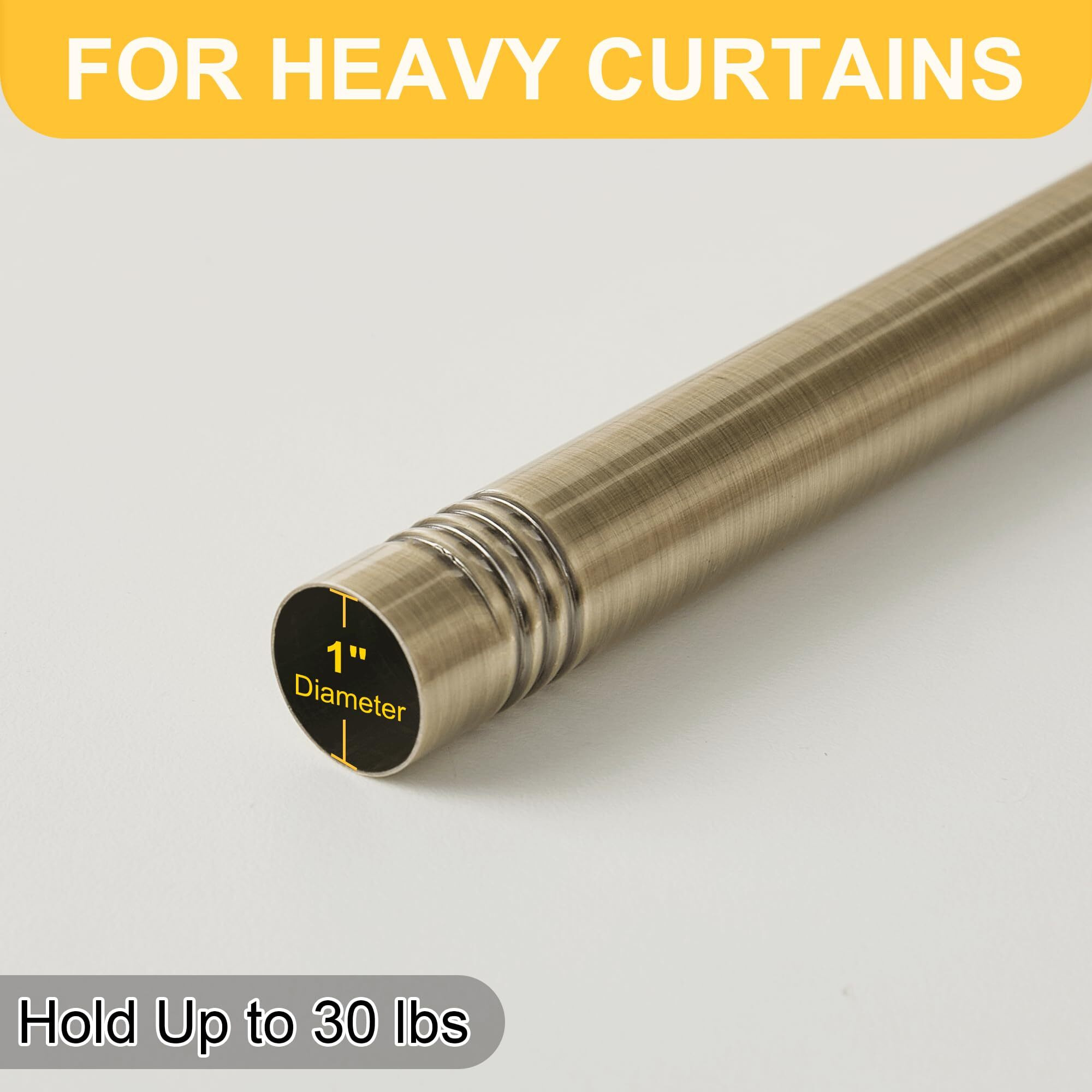 Ryb Home Brass Curtain Rod For Windows 72 To 144 "" Long, 1 Inch Diameter, Metal Single Adjustable Telescoping Curtain Pole With Leaf Design Finish For Living Room Bedroom, Antique Brass