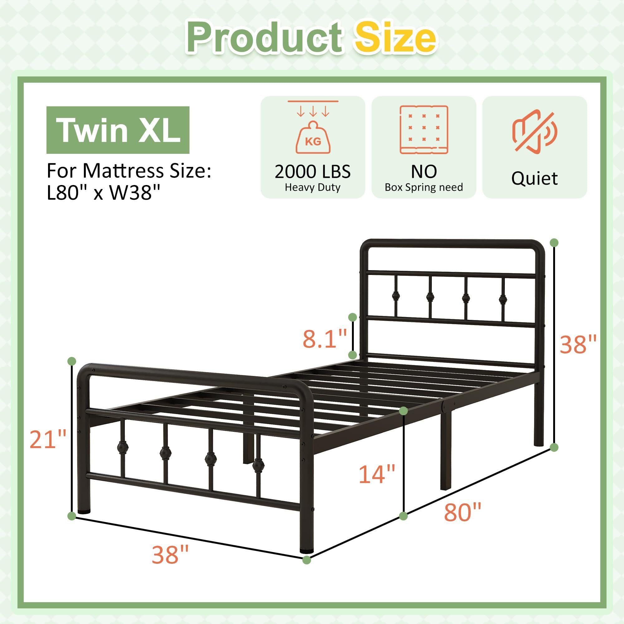 Richwanone 14 Inch Twin Xl Bed Frame With Headboard And Footboard, Heavy Duty Metal Bed Frame Victorian Style, No Box Spring Needed, Easy Assembly, Black