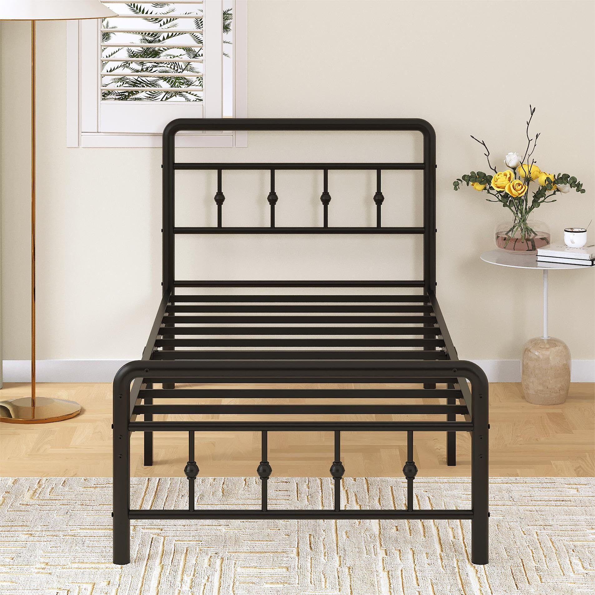 Richwanone 14 Inch Twin Xl Bed Frame With Headboard And Footboard, Heavy Duty Metal Bed Frame Victorian Style, No Box Spring Needed, Easy Assembly, Black