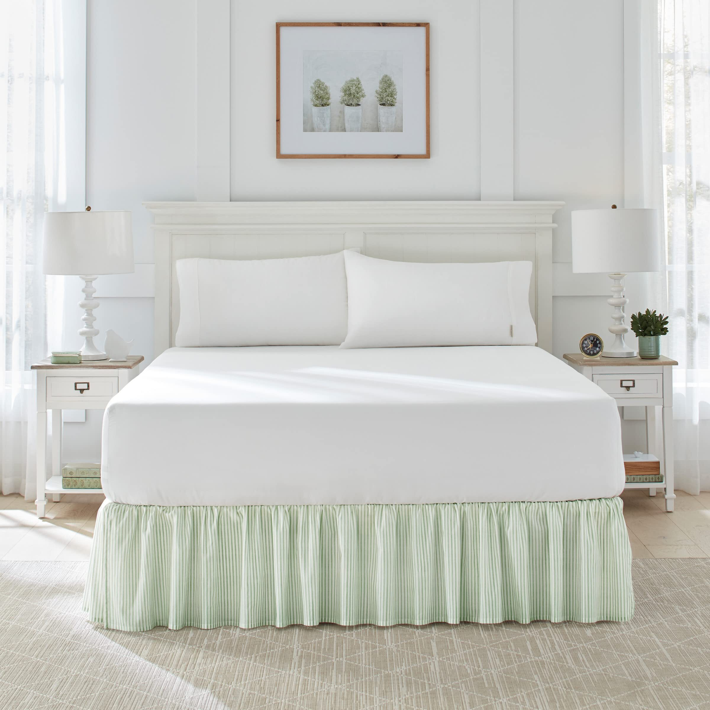 Laura Ashley Home - Cotton Ruffled Bedskirt, Lightweight & Classic Style (Ticking Stripe Green, Full)