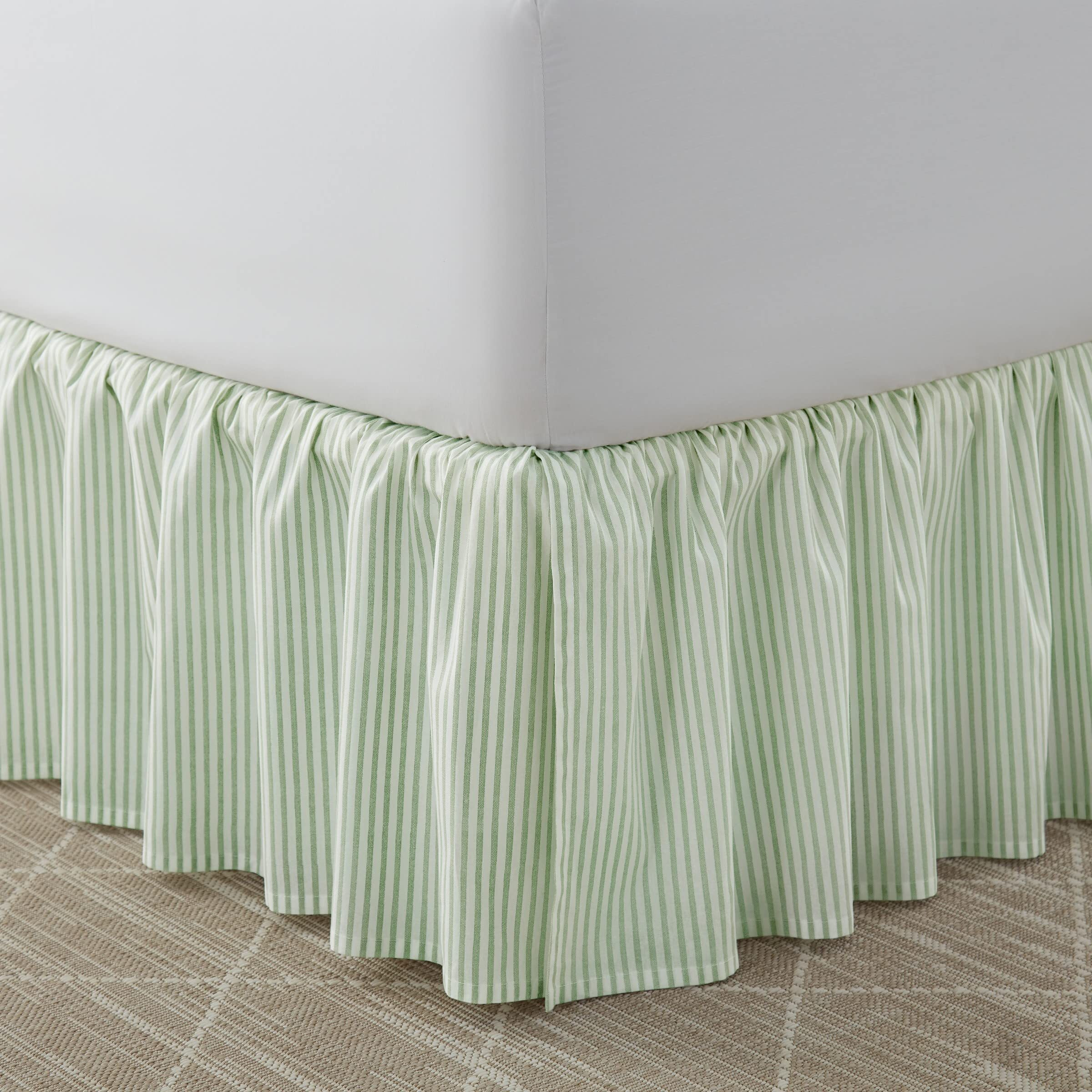 Laura Ashley Home - Cotton Ruffled Bedskirt, Lightweight & Classic Style (Ticking Stripe Green, Full)