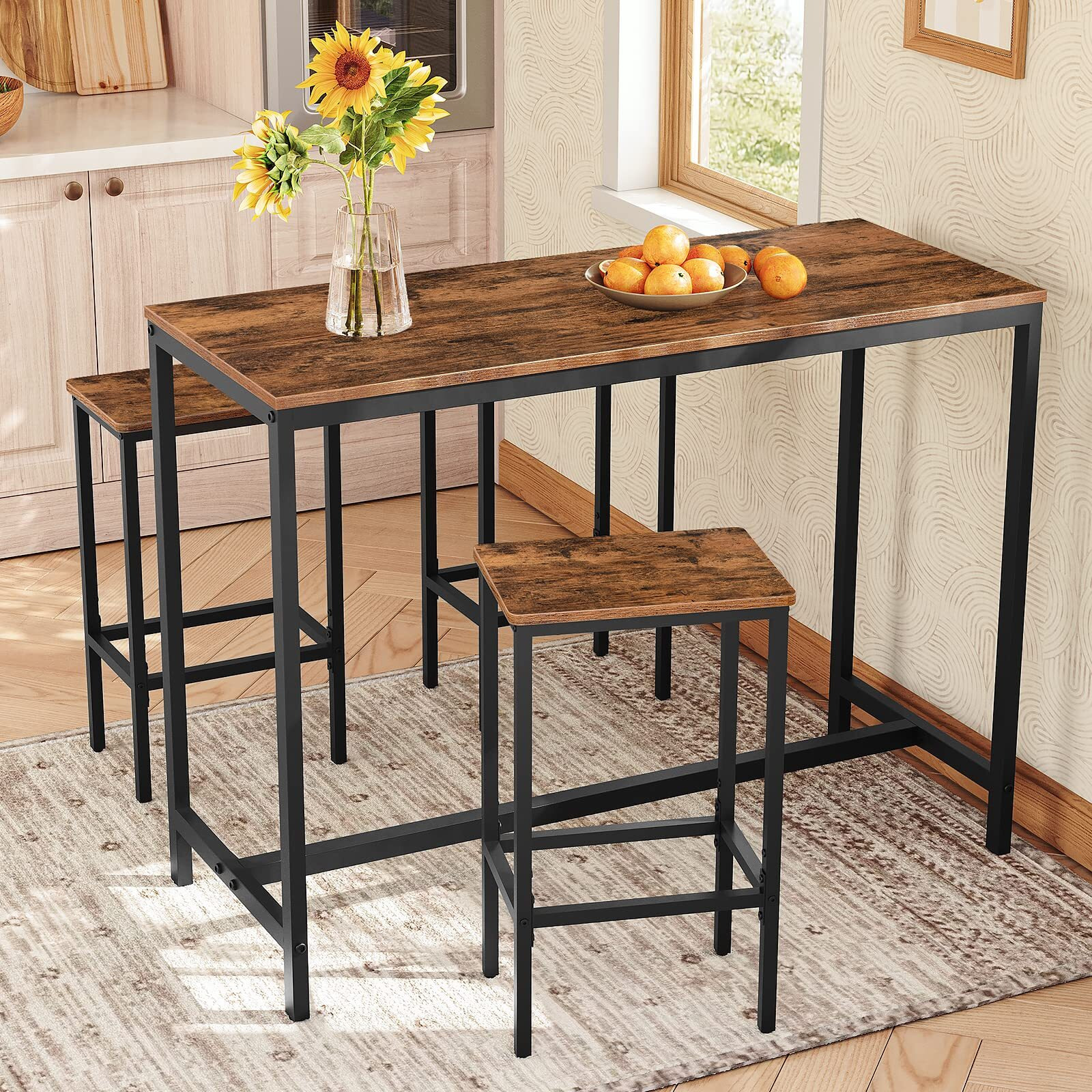 Mahancris Bar Stools, Set Of 2 Bar Chairs, Kitchen Breakfast Bar Stools With Footrest, 25.8"" Dining Stools, Rectangular Industrial Bar Chairs, For Dining Room, Kitchen,Rustic Brown Bahr0101Z