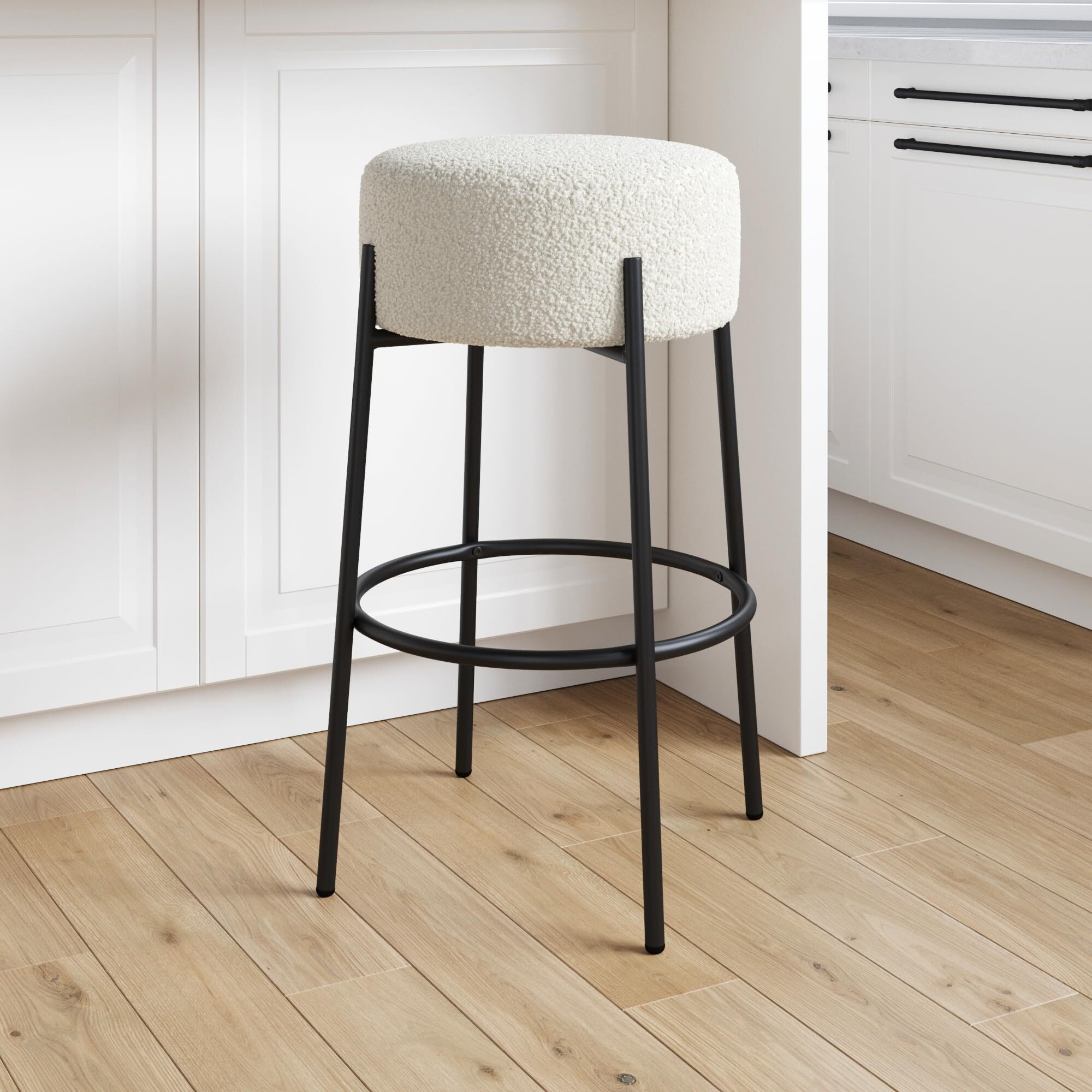 Nathan James Isaac 29"" Modern Backless Bar Stool With Round Soft Padded Boucle Seat And Metal Mid-Century Base, Boucle White/Black