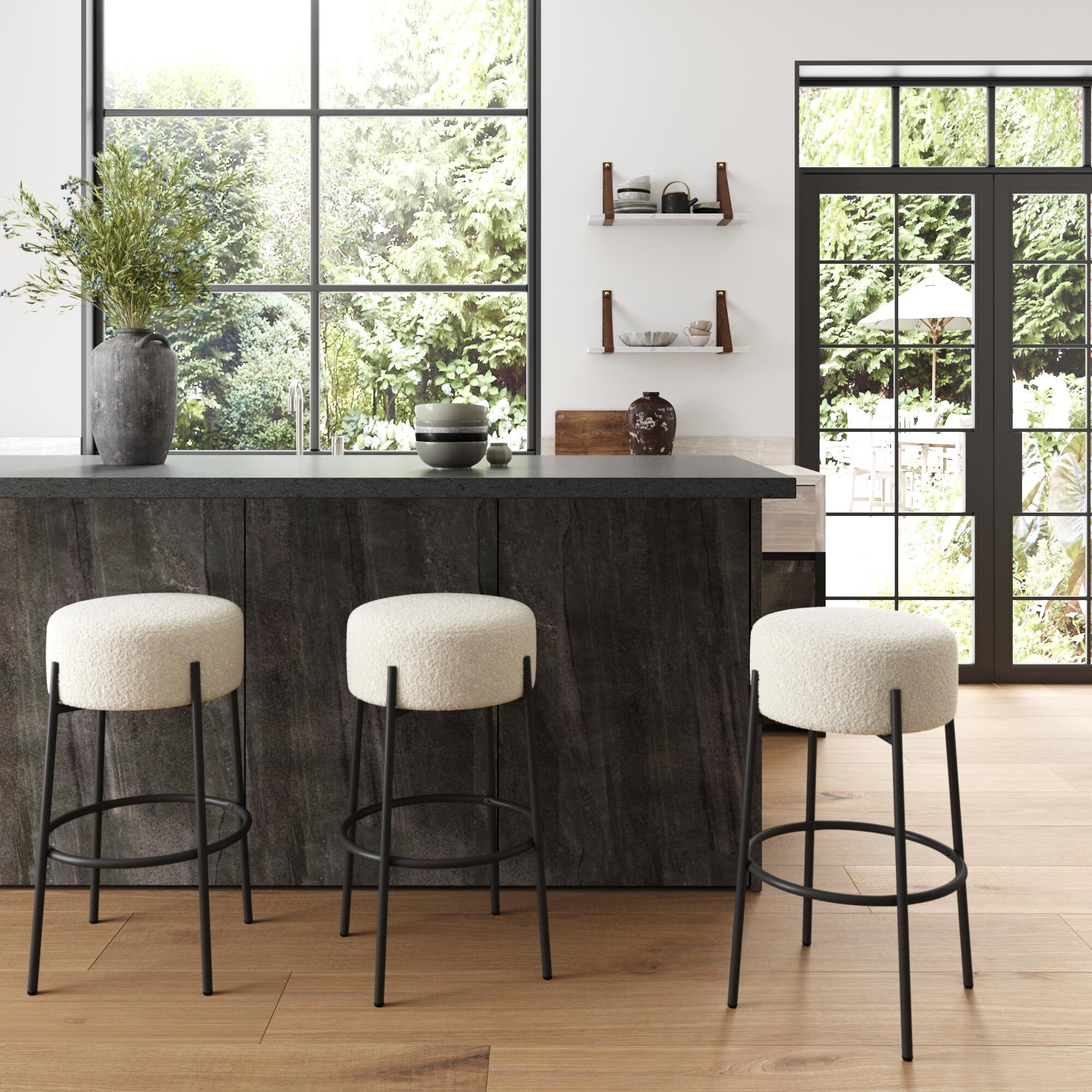 Nathan James Isaac 29"" Modern Backless Bar Stool With Round Soft Padded Boucle Seat And Metal Mid-Century Base, Boucle White/Black