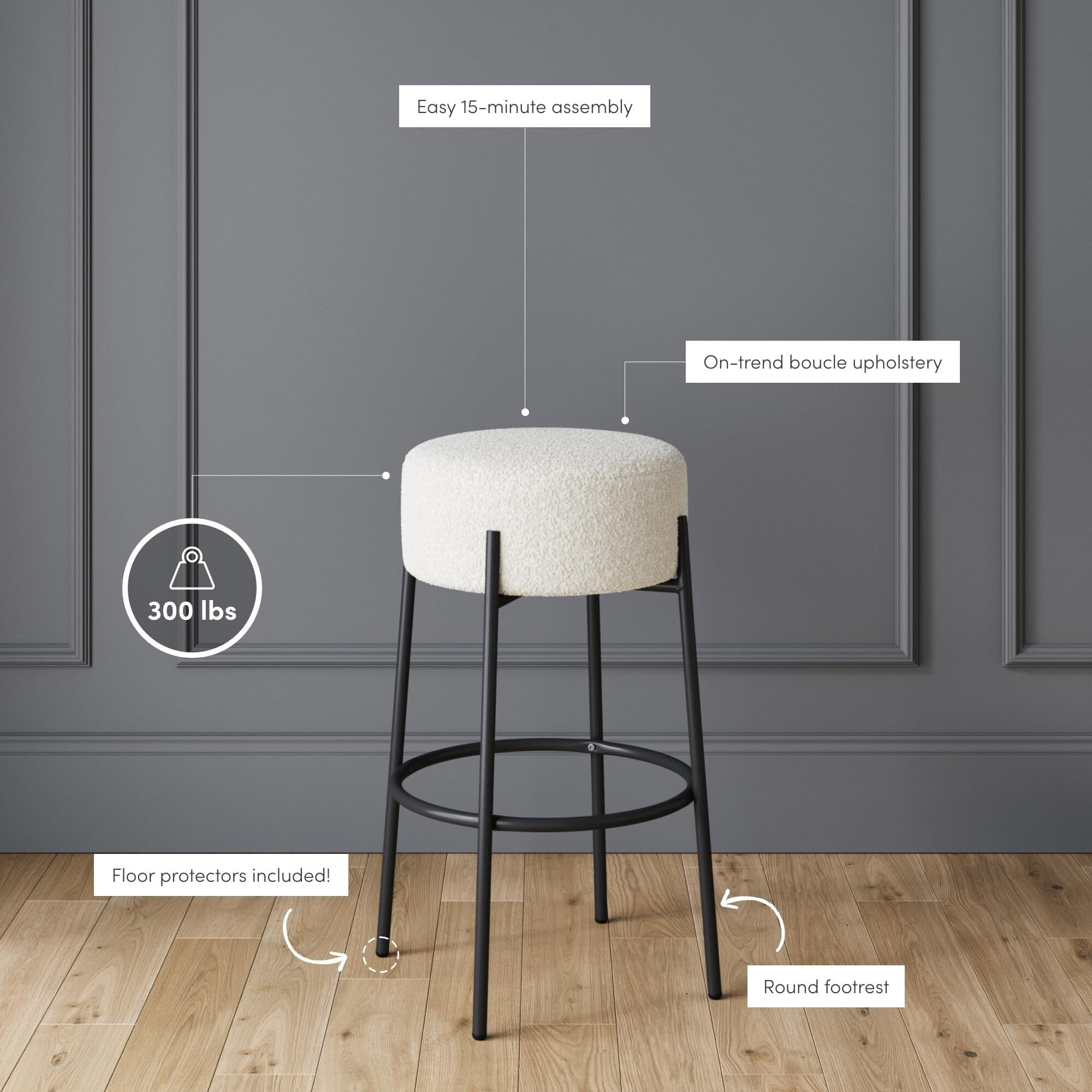 Nathan James Isaac 29"" Modern Backless Bar Stool With Round Soft Padded Boucle Seat And Metal Mid-Century Base, Boucle White/Black