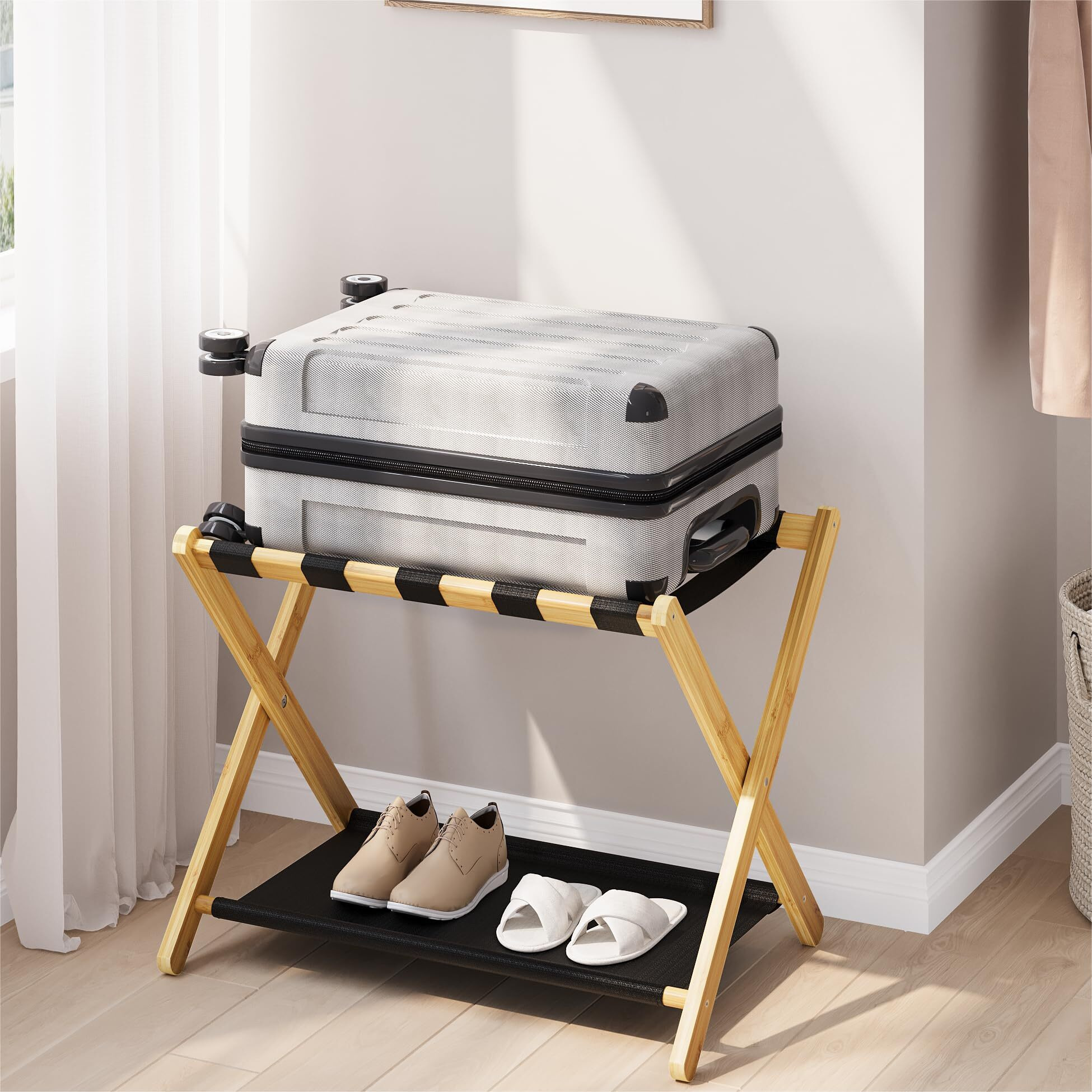 Smart Fendee Luggage Rack, Folding Luggage Rack For Guest Room, Bamboo Suitcase Stand Holds Up To 131 Lb, Luggage Stand With Storage Shelf For Hotel, Bedroom (1 Pack)