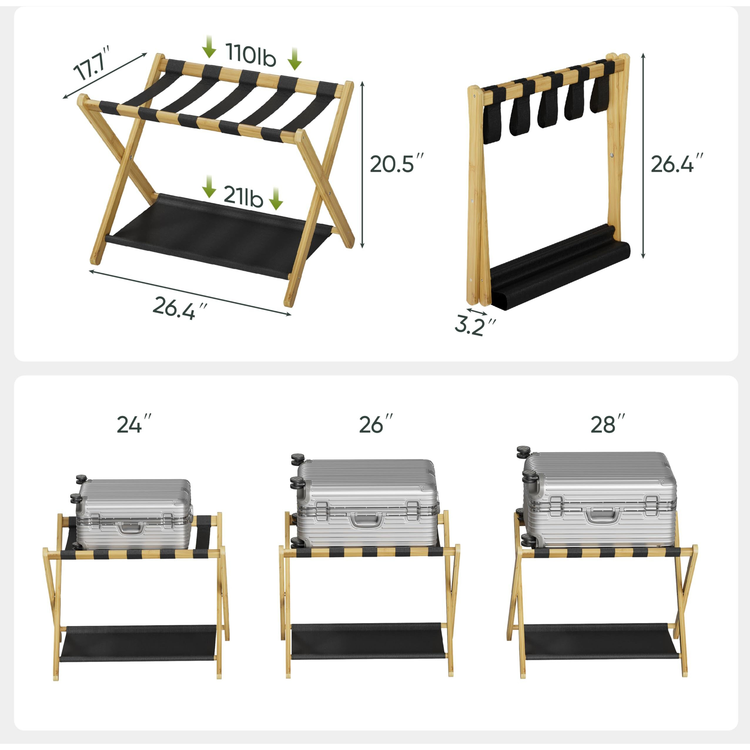 Smart Fendee Luggage Rack, Folding Luggage Rack For Guest Room, Bamboo Suitcase Stand Holds Up To 131 Lb, Luggage Stand With Storage Shelf For Hotel, Bedroom (1 Pack)