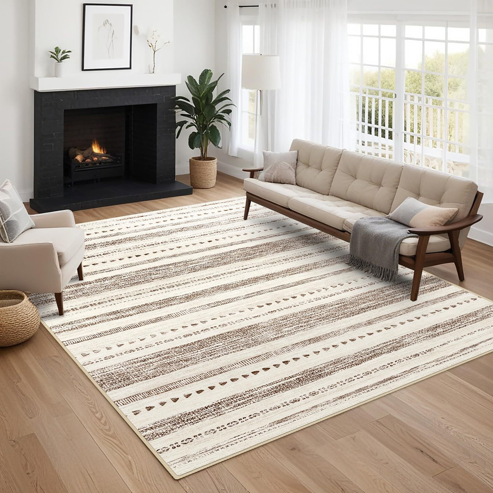 Eisurom Moroccan 5X7 Area Rug Soft Ultra Thin Machine Washable Farmhouse Area Rugs For Living Room Non-Slip Neutral Modern Geometric Indoor Floor Carpet For Bedroom Under Dinning Table Cream/Brown