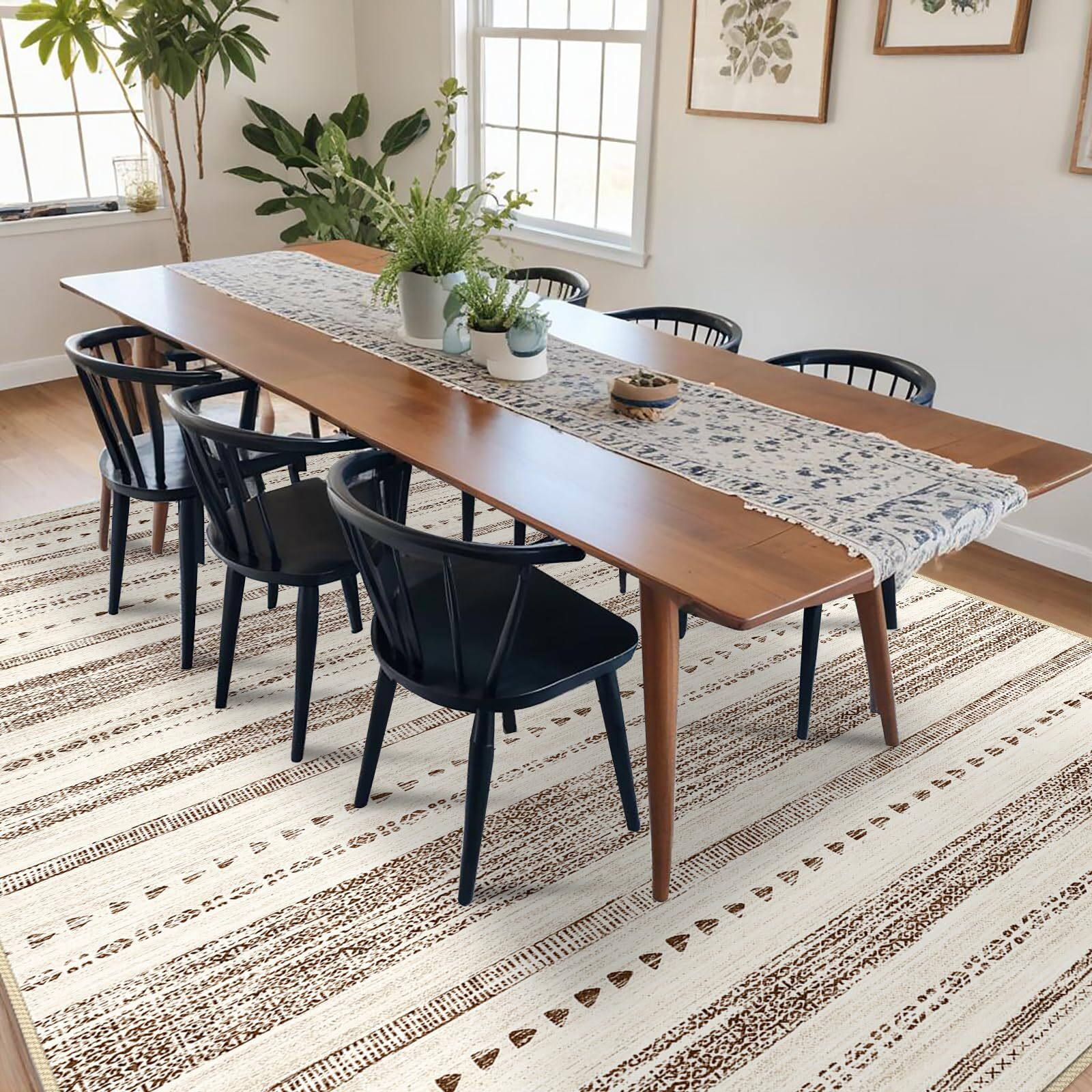 Eisurom Moroccan 5X7 Area Rug Soft Ultra Thin Machine Washable Farmhouse Area Rugs For Living Room Non-Slip Neutral Modern Geometric Indoor Floor Carpet For Bedroom Under Dinning Table Cream/Brown