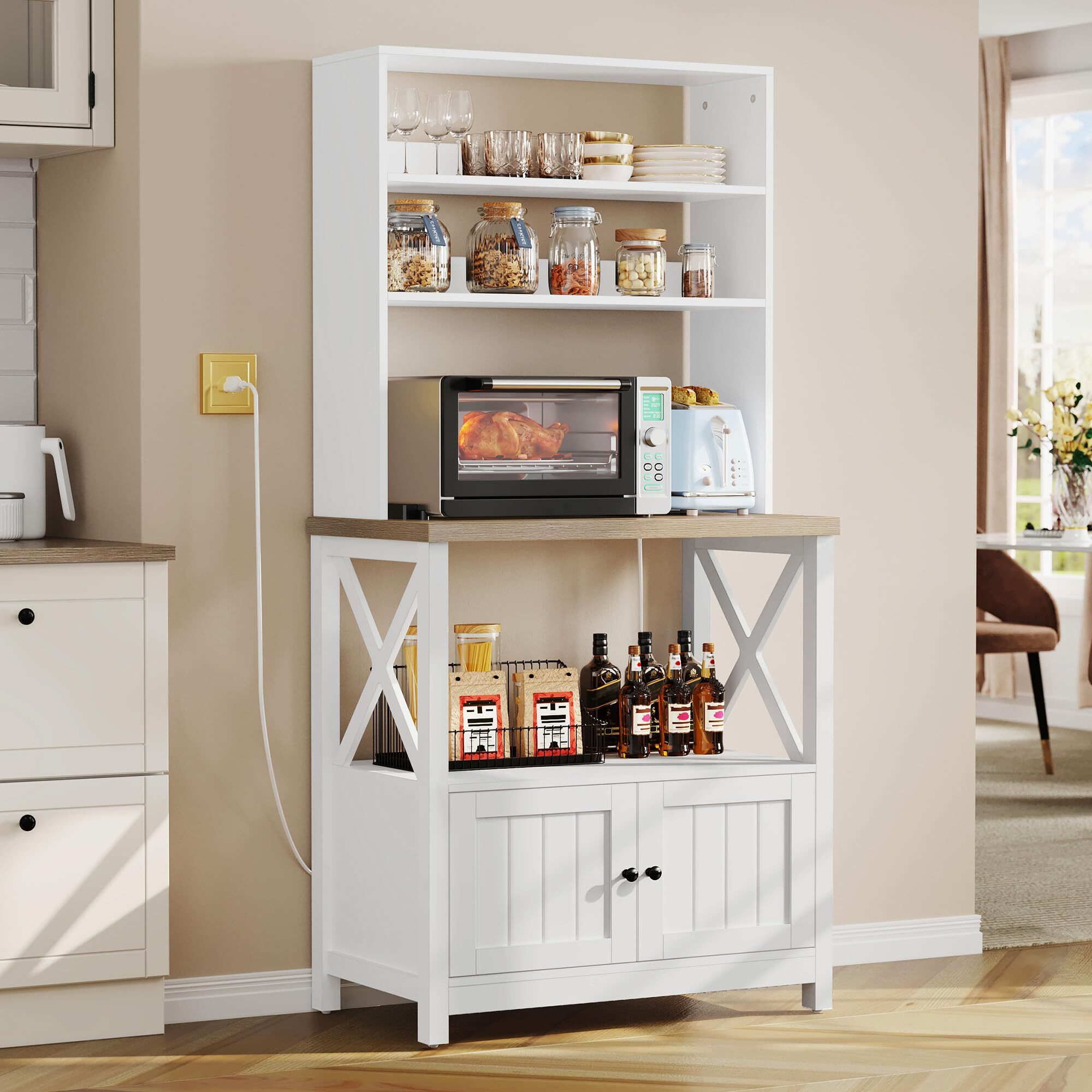 Yitahome White Microwave Stand Bakers Rack Cabinet, Farmhouse Freestanding Small Kitchen Pantry Hutch Tall W Door Power Outlet Thickened Counter, Coffee Bar Storage Shelves