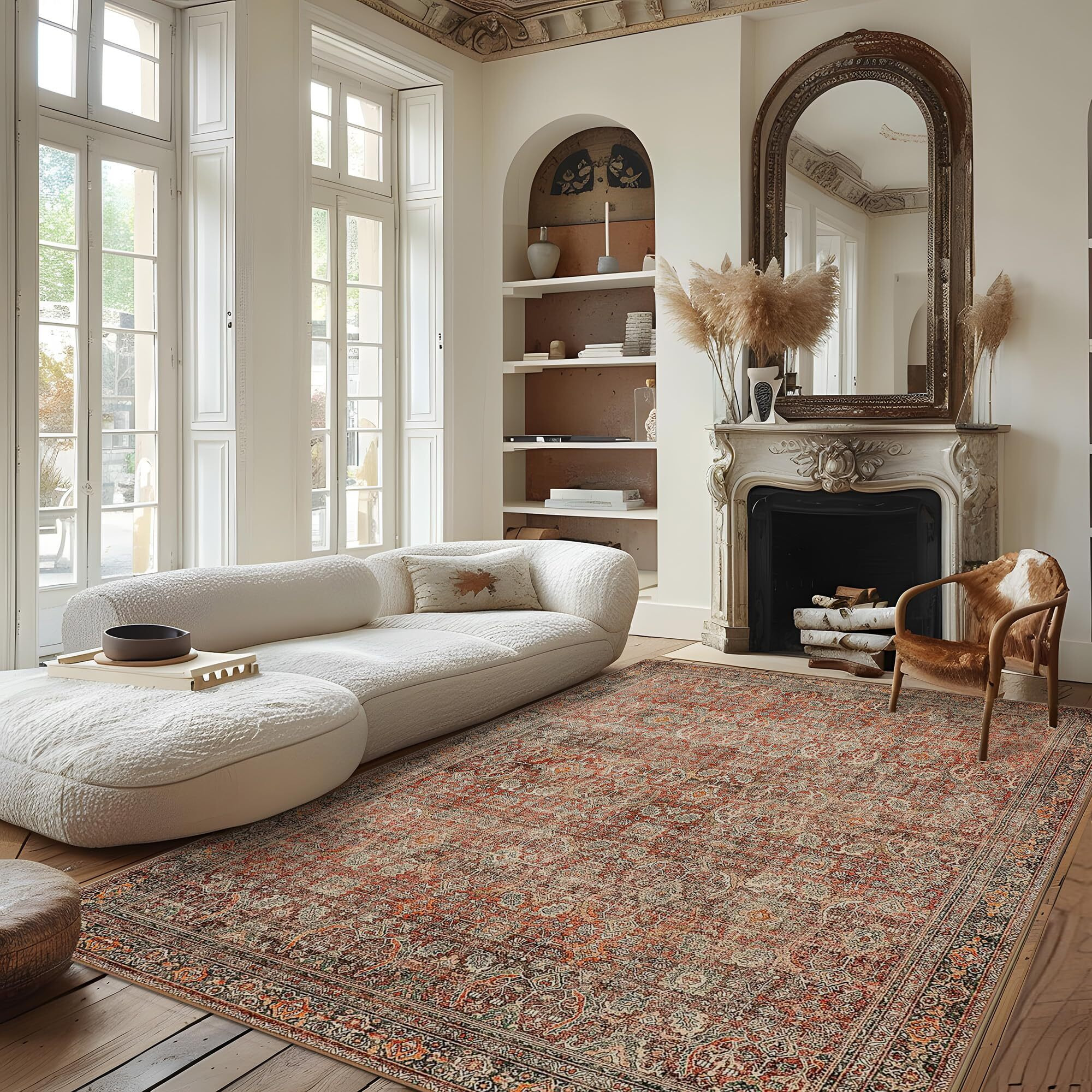 Bavni Area Rug 5X7 Machine Washable Large Boho Vintage Distressed Print Thin Chenille Bedroom Living Room Accent Rug, Low Pile Lightweight Non Slip With Gripper