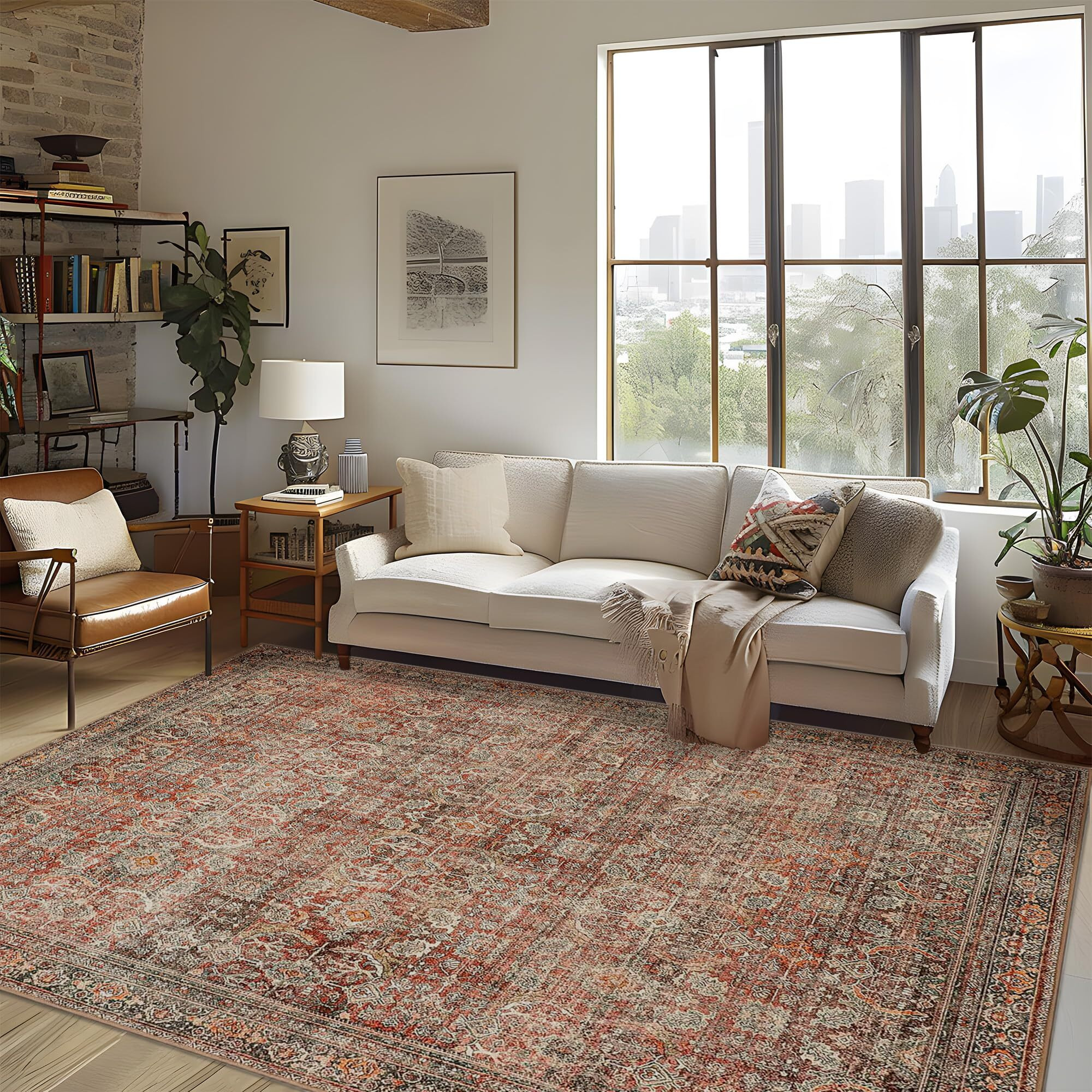Bavni Area Rug 5X7 Machine Washable Large Boho Vintage Distressed Print Thin Chenille Bedroom Living Room Accent Rug, Low Pile Lightweight Non Slip With Gripper