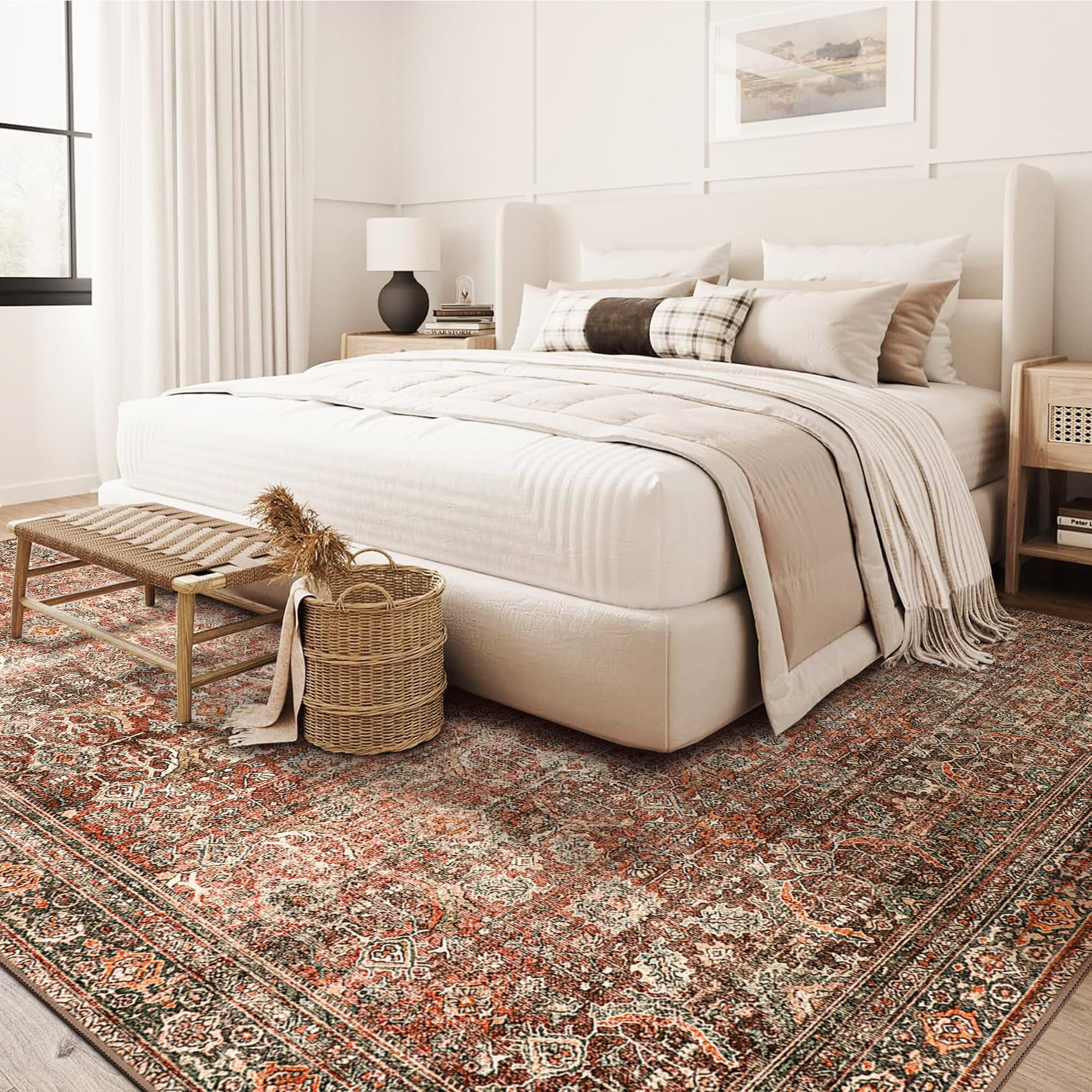 Bavni Area Rug 5X7 Machine Washable Large Boho Vintage Distressed Print Thin Chenille Bedroom Living Room Accent Rug, Low Pile Lightweight Non Slip With Gripper