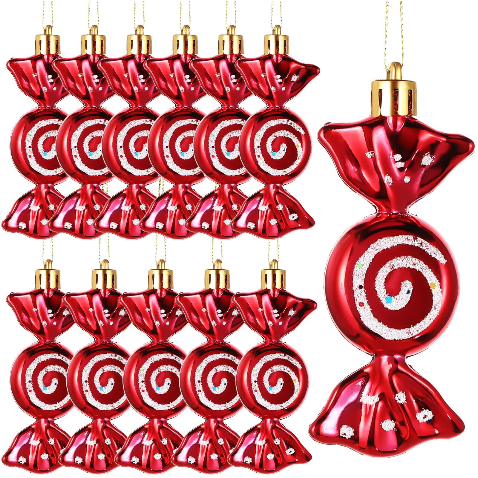 Threan 12 Pieces Christmas Candy Ornaments Hanging Glitter Candy Cane Ornaments Christmas Tree Candy Peppermint Ornaments With Golden Ropes For Xmas Halloween Party Decorations(Red)