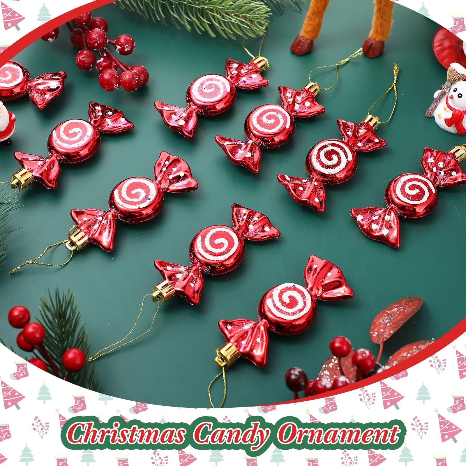 Threan 12 Pieces Christmas Candy Ornaments Hanging Glitter Candy Cane Ornaments Christmas Tree Candy Peppermint Ornaments With Golden Ropes For Xmas Halloween Party Decorations(Red)