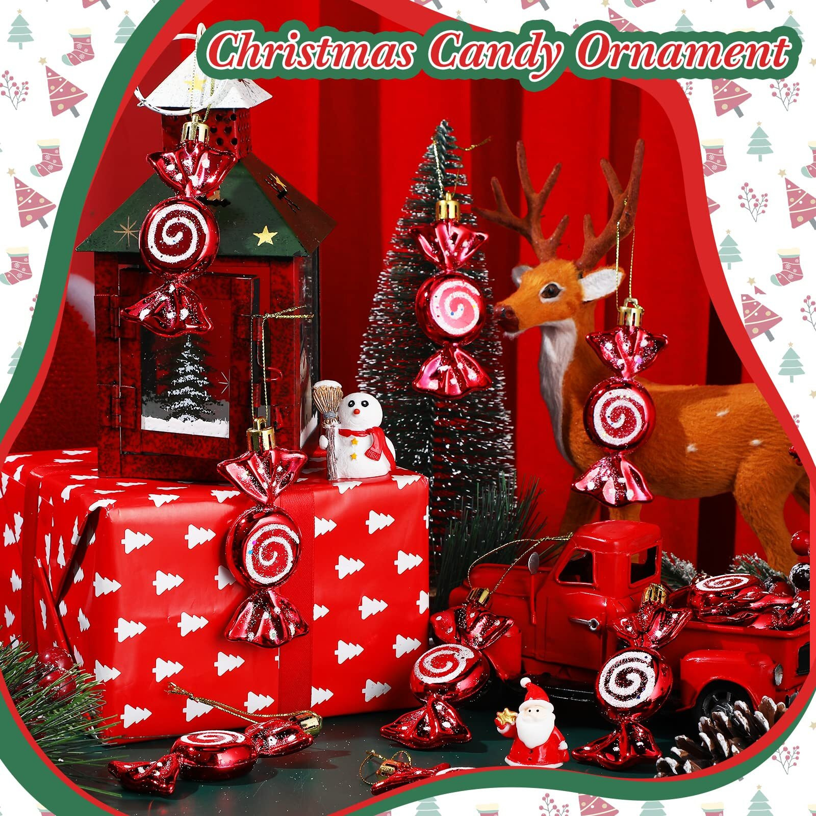 Threan 12 Pieces Christmas Candy Ornaments Hanging Glitter Candy Cane Ornaments Christmas Tree Candy Peppermint Ornaments With Golden Ropes For Xmas Halloween Party Decorations(Red)