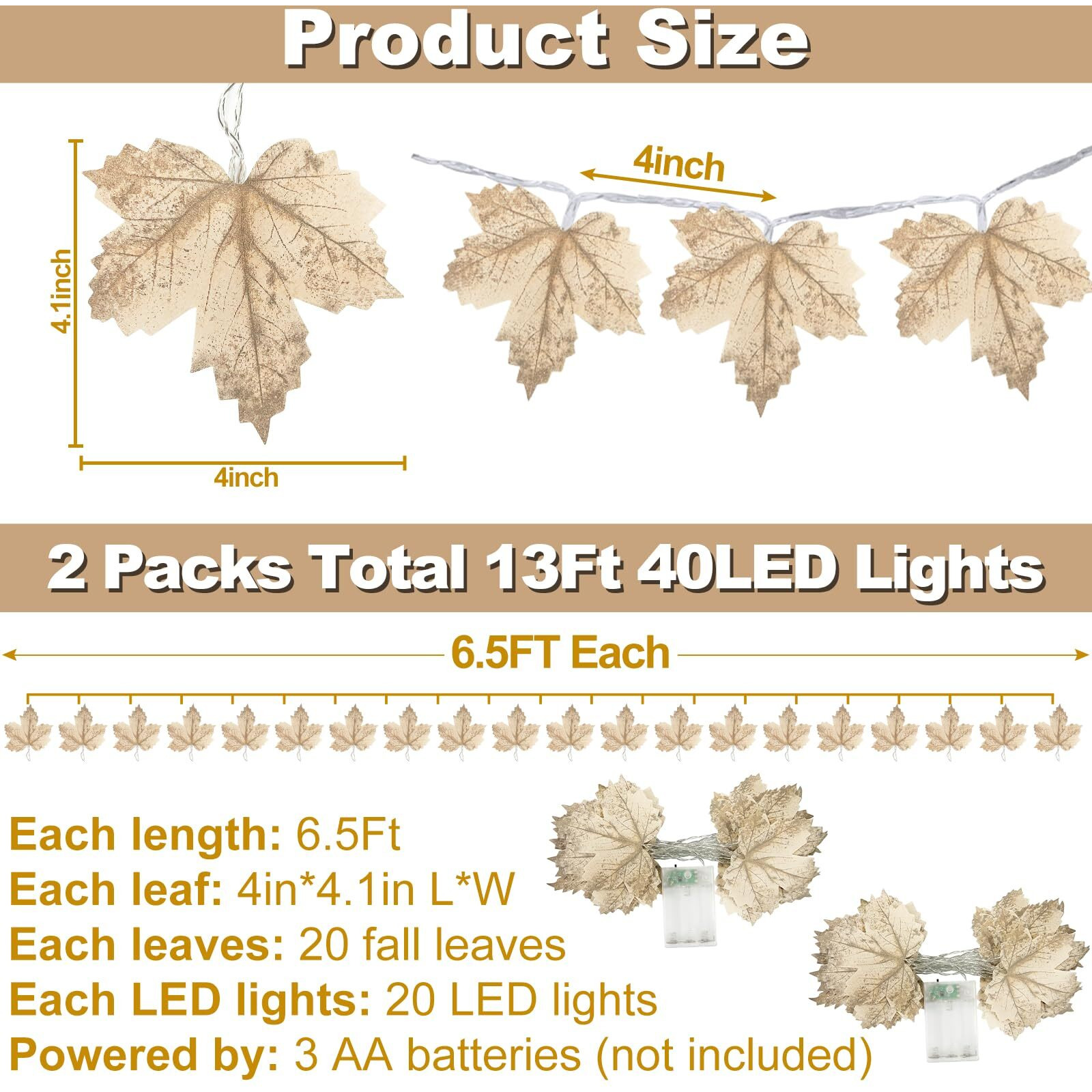 [ Timer ] 2 Pack Fall Decor Fall Garland With Lights Thanksgiving Decorations Indoor, Lighted Maple Leafed Garland Total 13 Ft 40 Led Battery Operated Fall Autumn Halloween Decor Mantel Indoor Outdoor