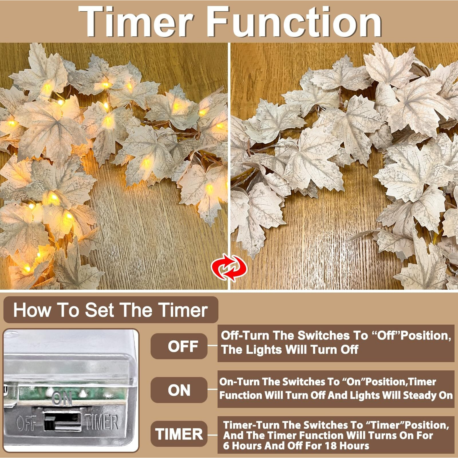 [ Timer & 3 Pack ] Fall Lighted Garland Halloween Fall Decor, 20Ft 60Led Autumn Maples Leafed Garland Waterproof Battery Operated Thanksgiving Fall Decorations For Home Mantle Fireplace Indoor Outdoor