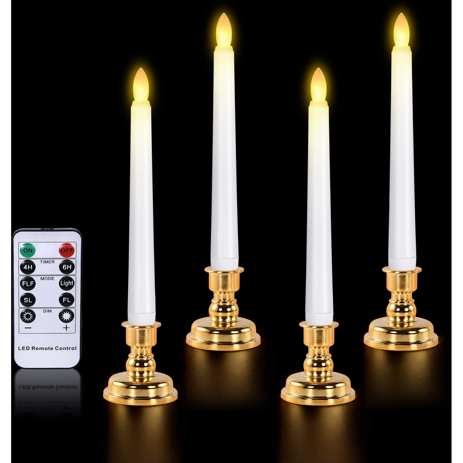 Josu Taper Candles Battery Operated 4Pcs Flameless Candles With Remote Control - 3D Wick Led Candles Flickering +4 Gold Candlesticks, For Halloween Decorations, Christmas Decor And Wedding Decor