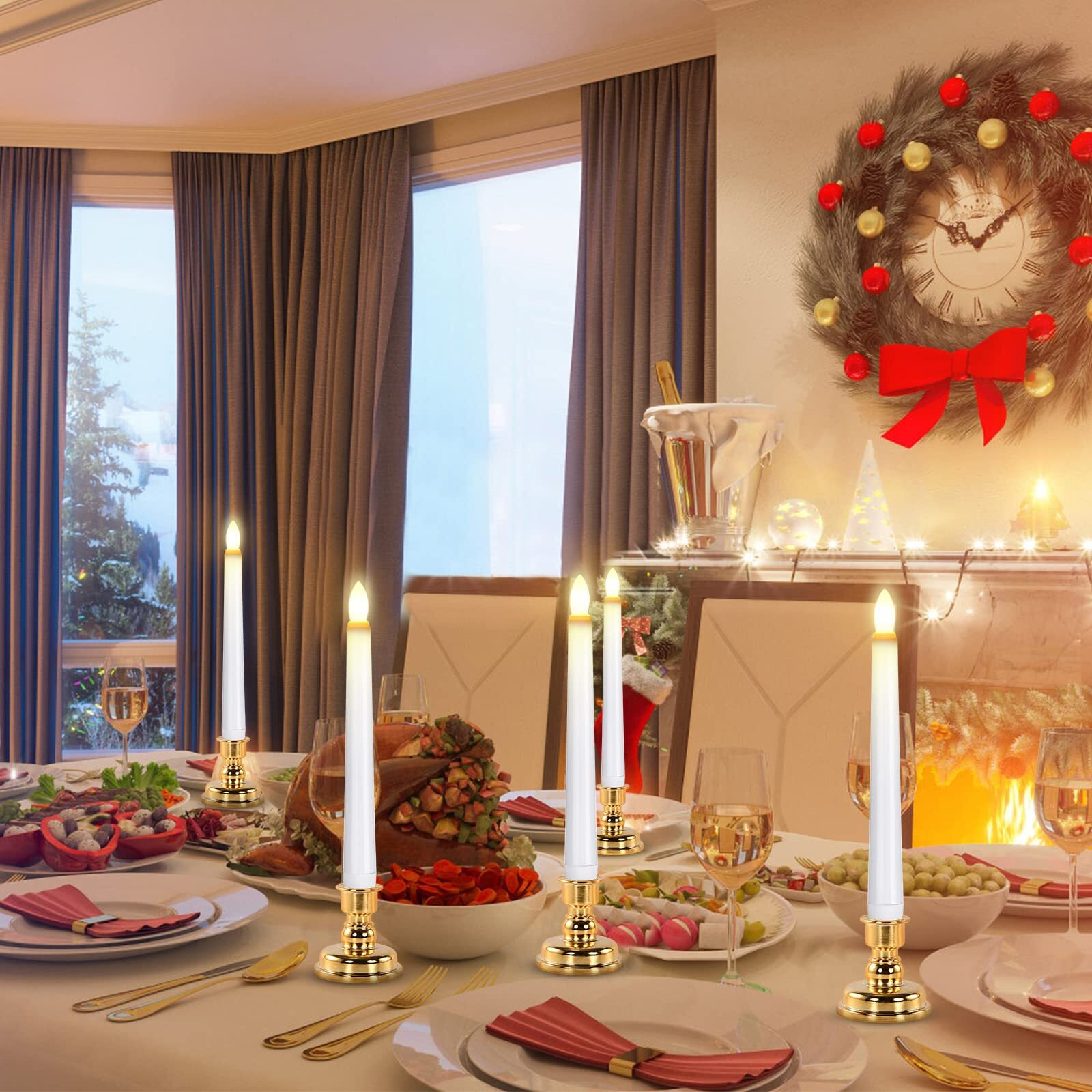 Josu Taper Candles Battery Operated 4Pcs Flameless Candles With Remote Control - 3D Wick Led Candles Flickering +4 Gold Candlesticks, For Halloween Decorations, Christmas Decor And Wedding Decor