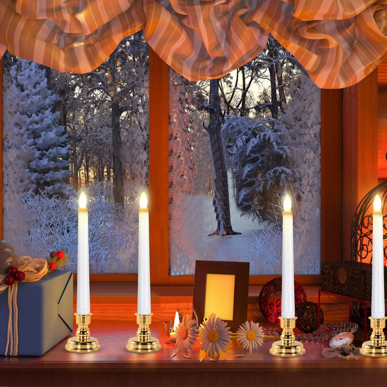 Josu Taper Candles Battery Operated 4Pcs Flameless Candles With Remote Control - 3D Wick Led Candles Flickering +4 Gold Candlesticks, For Halloween Decorations, Christmas Decor And Wedding Decor