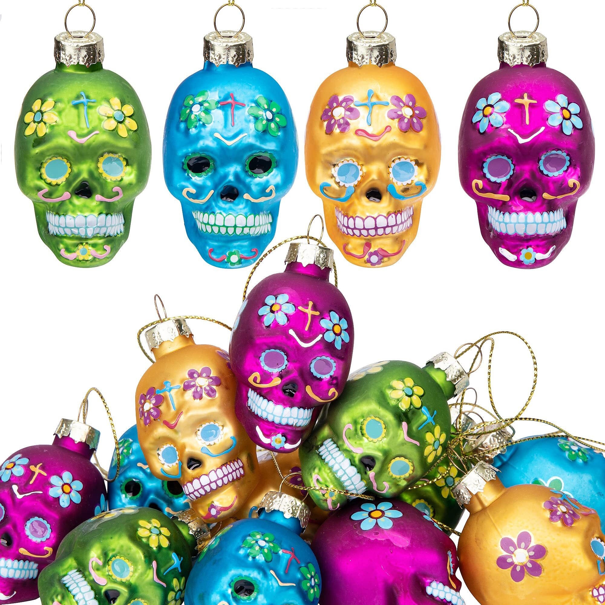Watayo 12 Pcs Day Of The Dead Glass Ornaments-Dia De Los Muertos Sugar Skull Ornaments-Halloween Hanging Skeleton Head Decorations For Party Xmas Tree Decoration