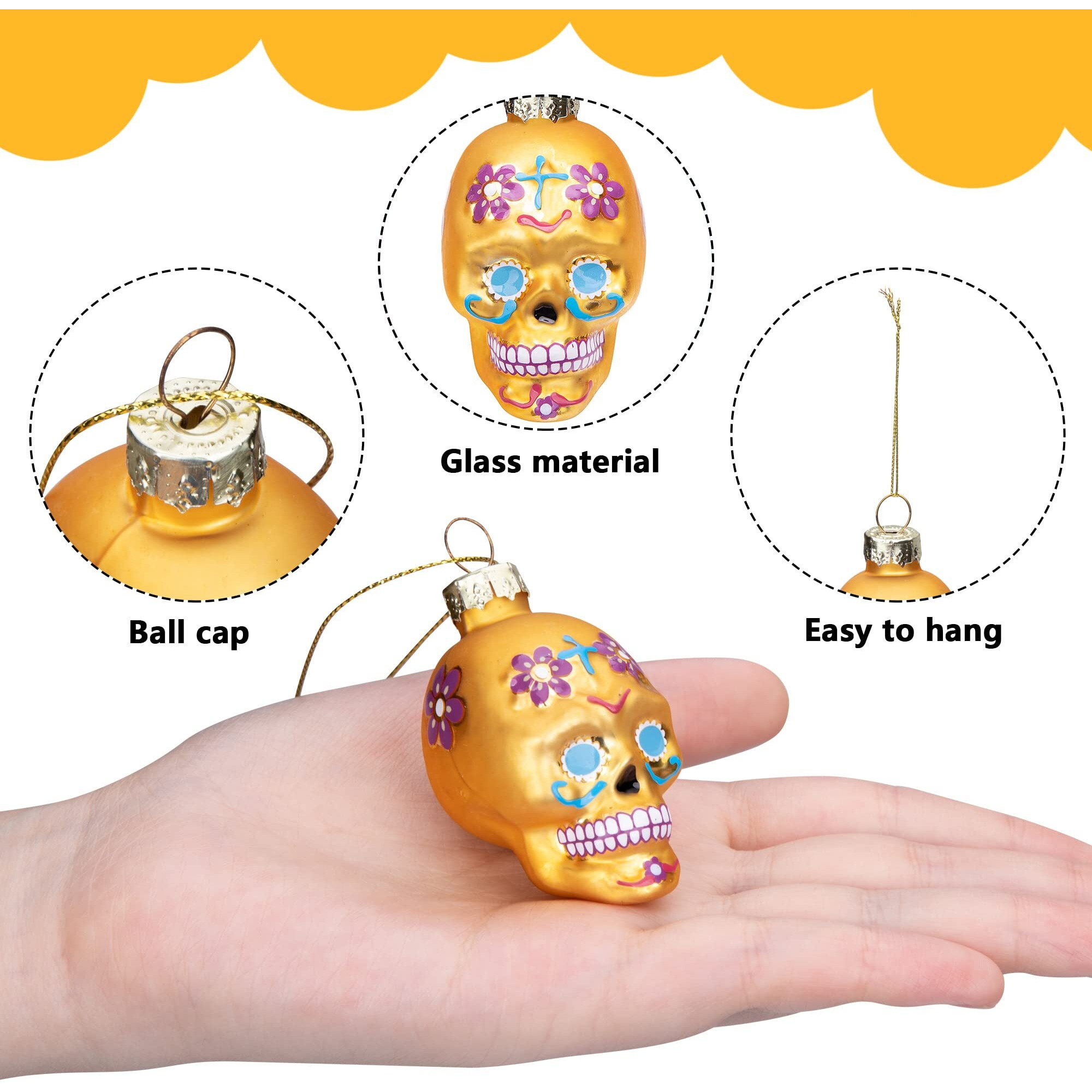 Watayo 12 Pcs Day Of The Dead Glass Ornaments-Dia De Los Muertos Sugar Skull Ornaments-Halloween Hanging Skeleton Head Decorations For Party Xmas Tree Decoration
