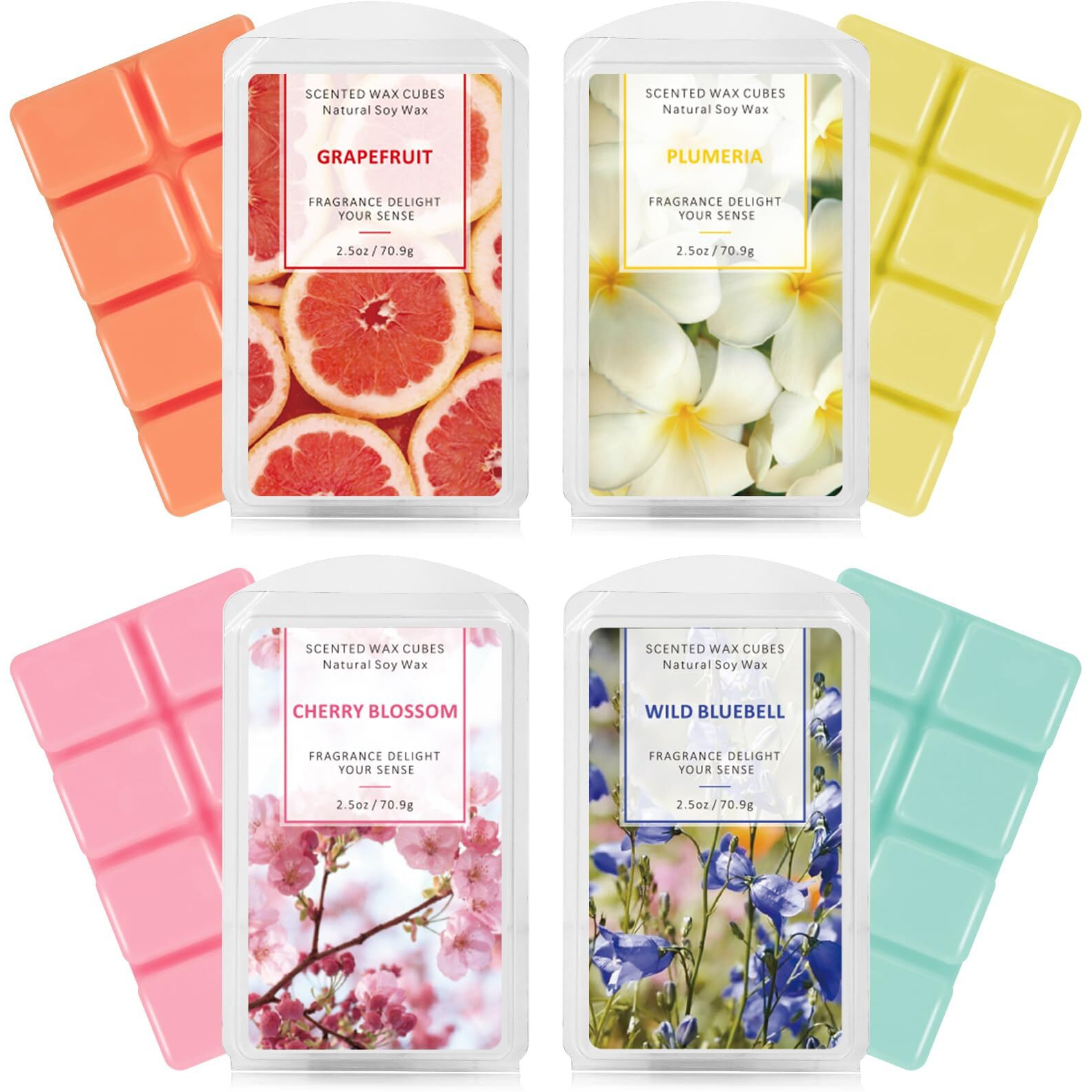 Scentorini Wax Melts, Scented Wax Melts Wax Cubes, Soy Wax Melts For Wax Warmer Candle Wax Melt Summer Wax Melts Christmas Decor, 4 X 2.5 Oz, Grapefruit, Cherry Blossoms, Wild Bluebell, Plumeria
