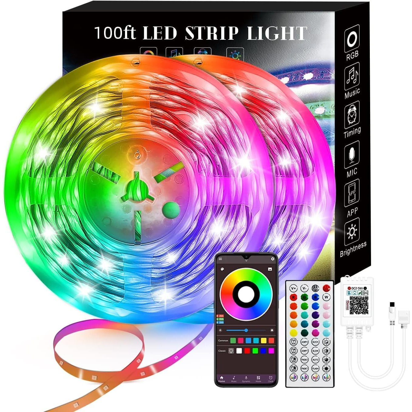 100Ft Smart Led Strip Lights (2 Rolls Of 50Ft), Rgb Strip Lights Sync To Music With 40 Key Remote Controller Led Lights For Bedroom,Christmas Lights Decration (Multi-Colored, 100Ft)