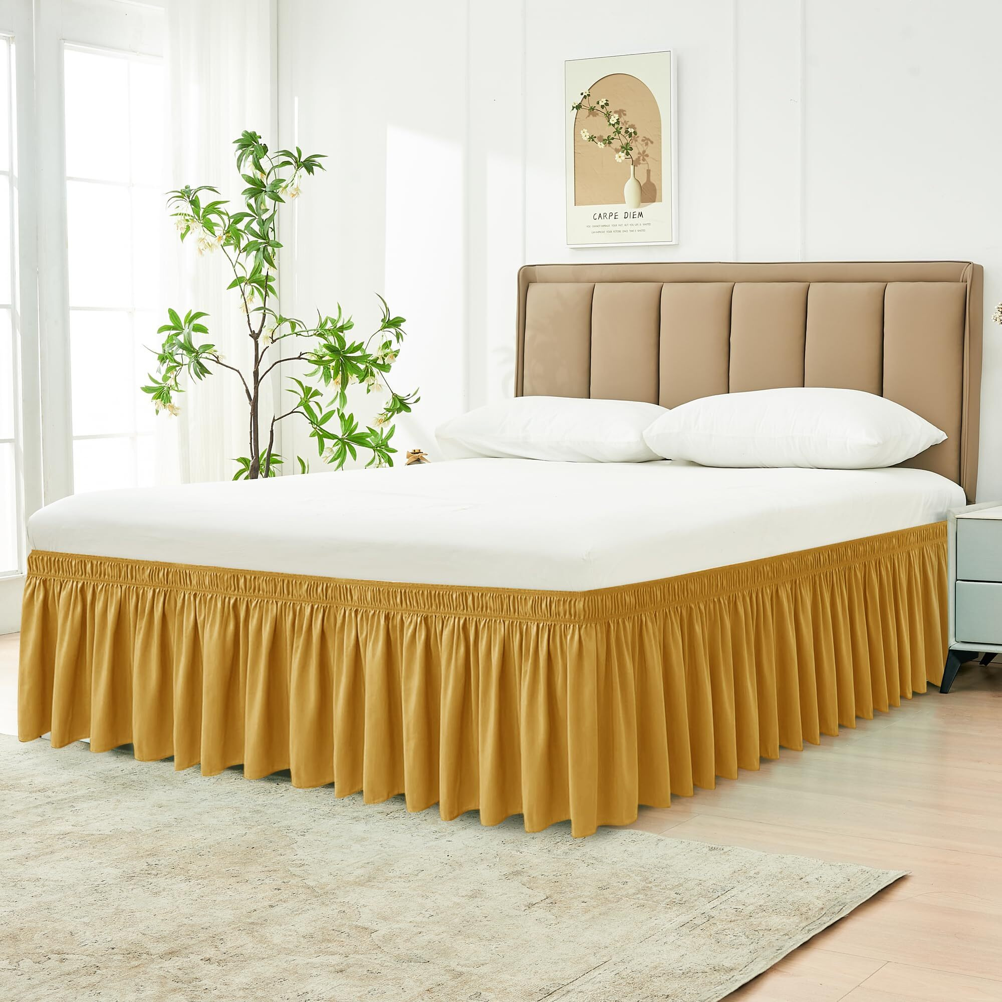 Biscaynebay Wrap Around Bed Skirts For Full & Full Xl Beds 15"" Drop, Christmas Gold Adjustable Elastic Dust Ruffles Easy Fit Wrinkle & Fade Resistant Silky Luxurious Fabric Machine Washable