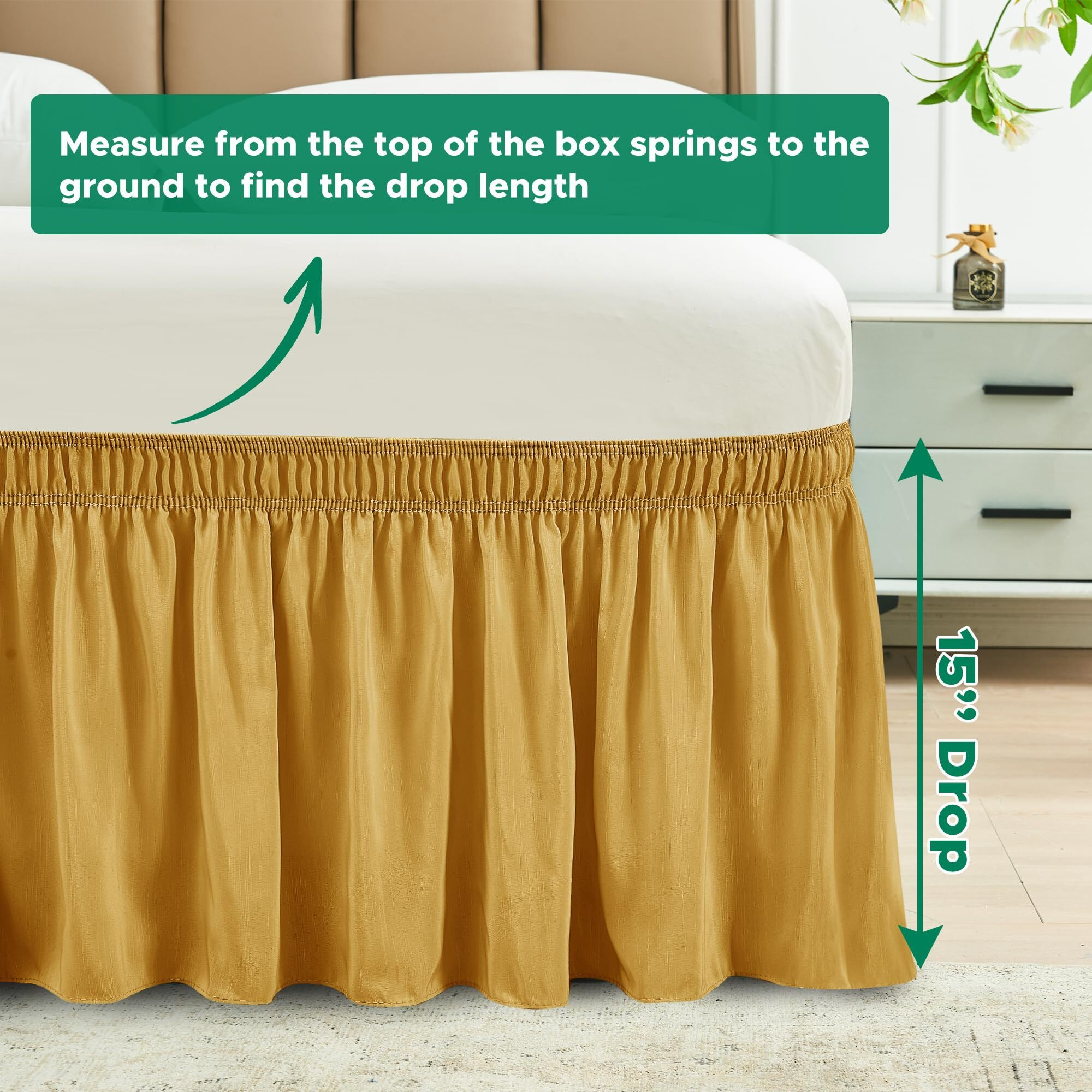 Biscaynebay Wrap Around Bed Skirts For Full & Full Xl Beds 15"" Drop, Christmas Gold Adjustable Elastic Dust Ruffles Easy Fit Wrinkle & Fade Resistant Silky Luxurious Fabric Machine Washable