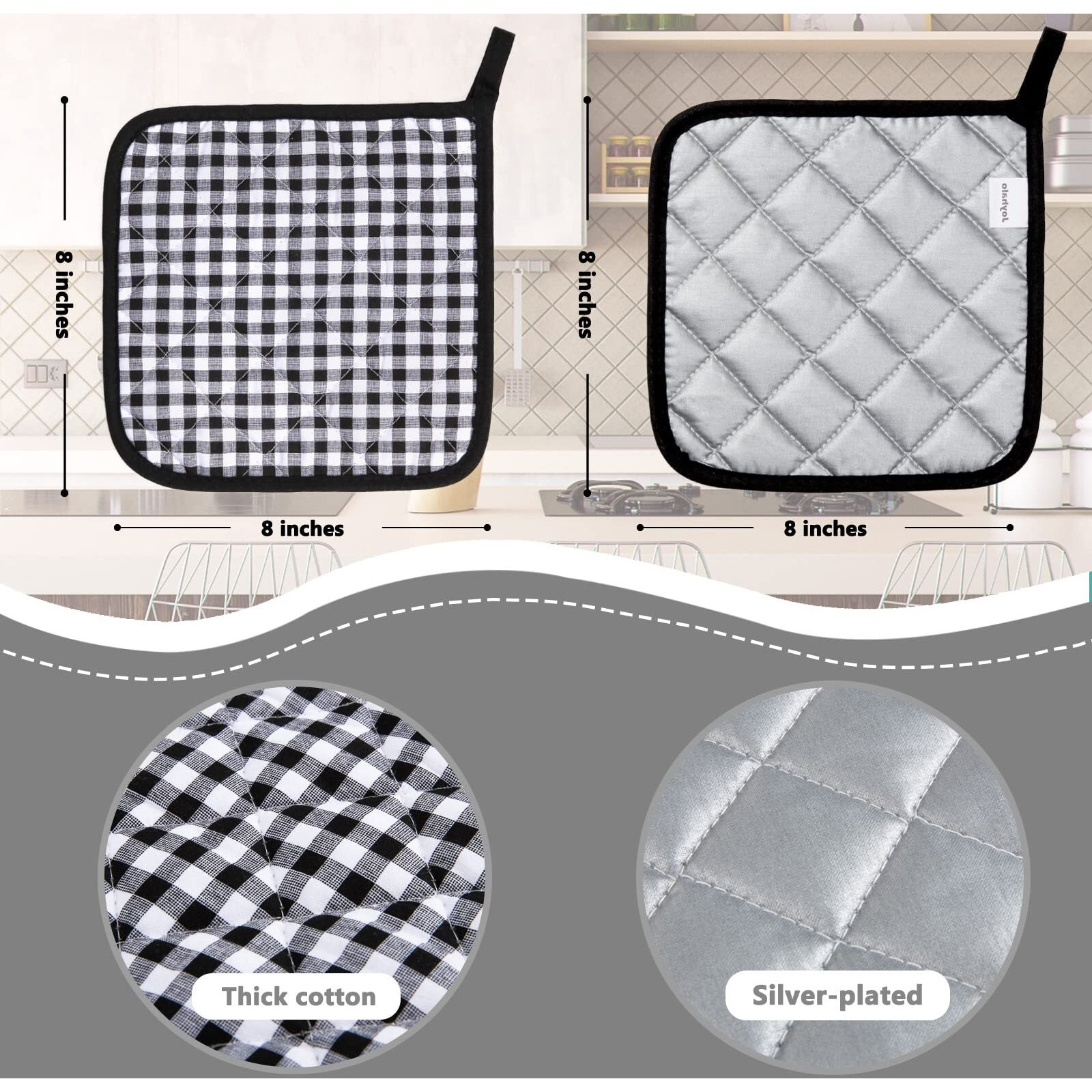 Joyhalo 4 Pack Buffalo Plaid Christmas Pot Holders For Kitchen Heat Resistant Pot Holders Sets Oven Hot Pads For Cooking Baking, Black