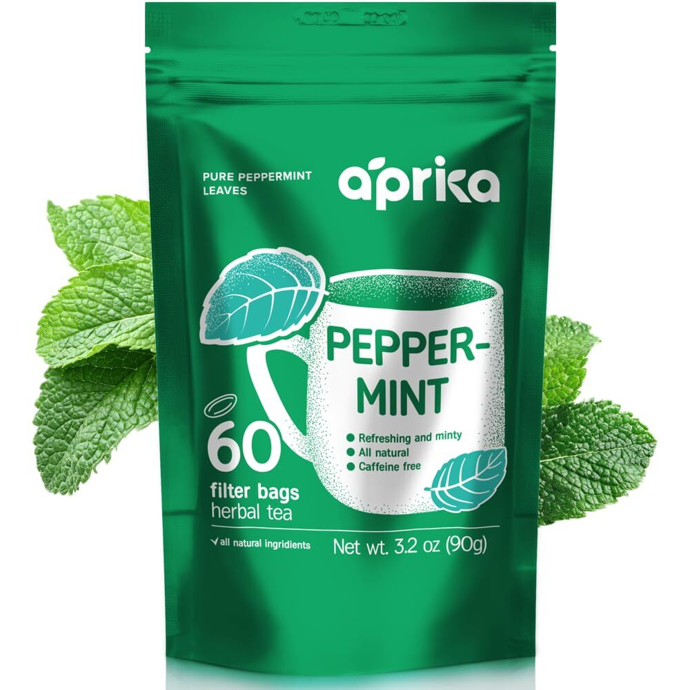 100% Pure Peppermint Tea - Only Mint Leaves Without Stems, Peppermint Tea Bags, Caffeine-Free Peppermint Tea Bags, 60 Count, By Aprika Life