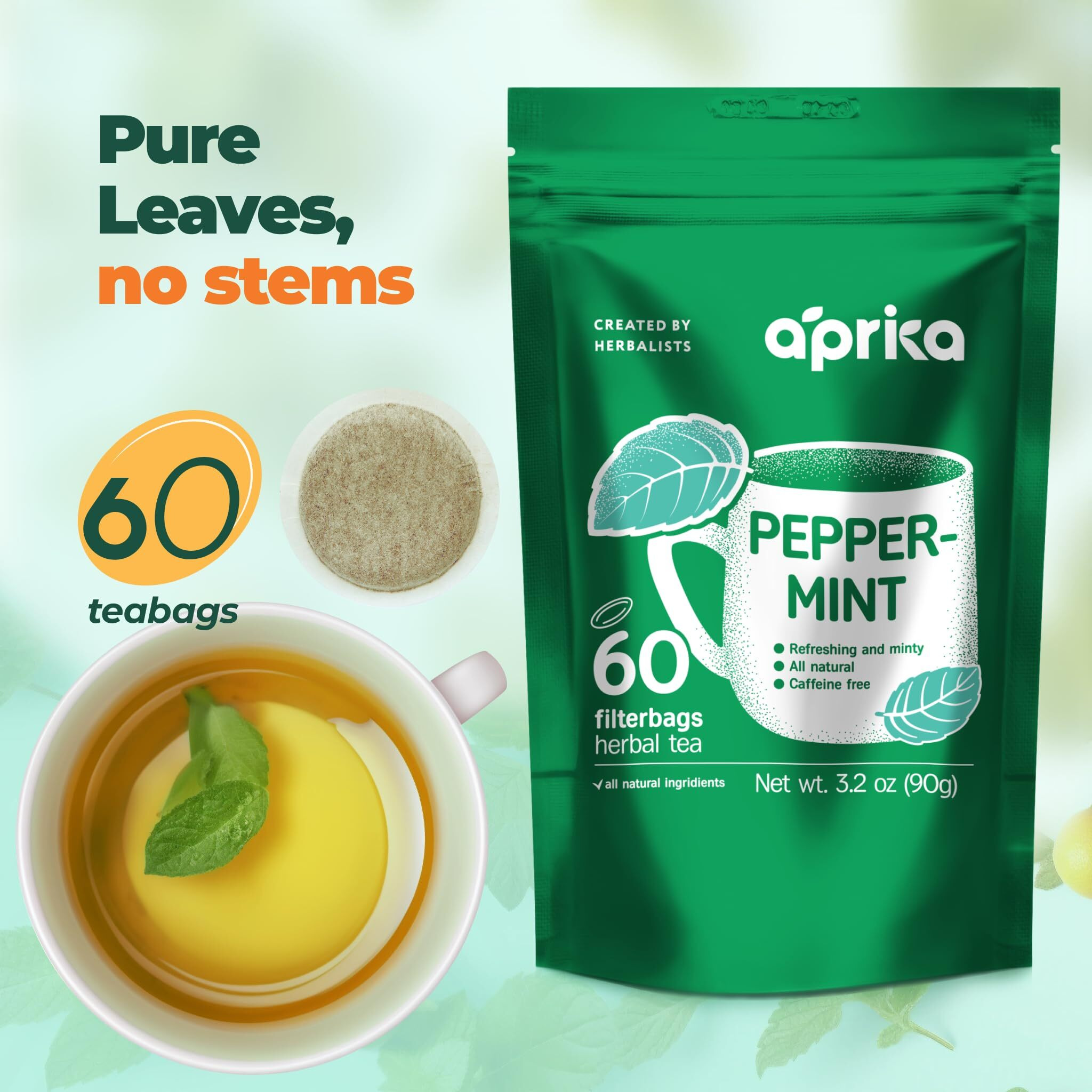 100% Pure Peppermint Tea - Only Mint Leaves Without Stems, Peppermint Tea Bags, Caffeine-Free Peppermint Tea Bags, 60 Count, By Aprika Life