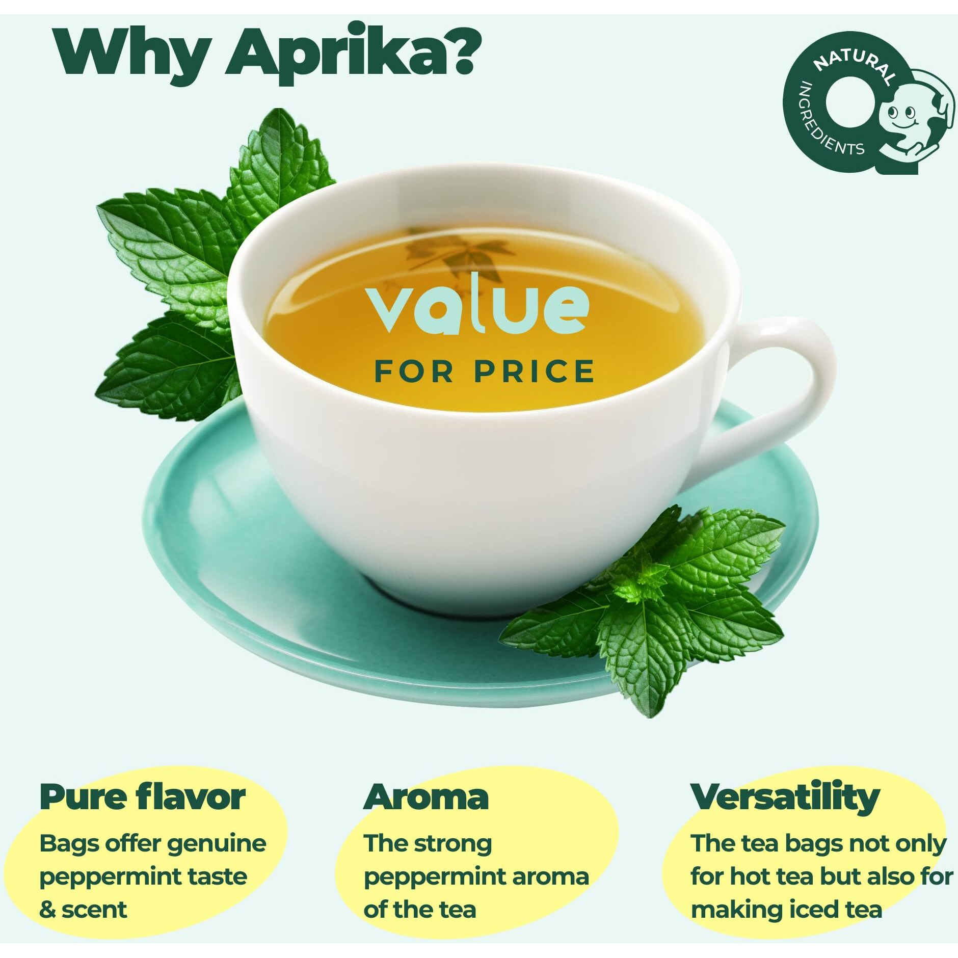 100% Pure Peppermint Tea - Only Mint Leaves Without Stems, Peppermint Tea Bags, Caffeine-Free Peppermint Tea Bags, 60 Count, By Aprika Life