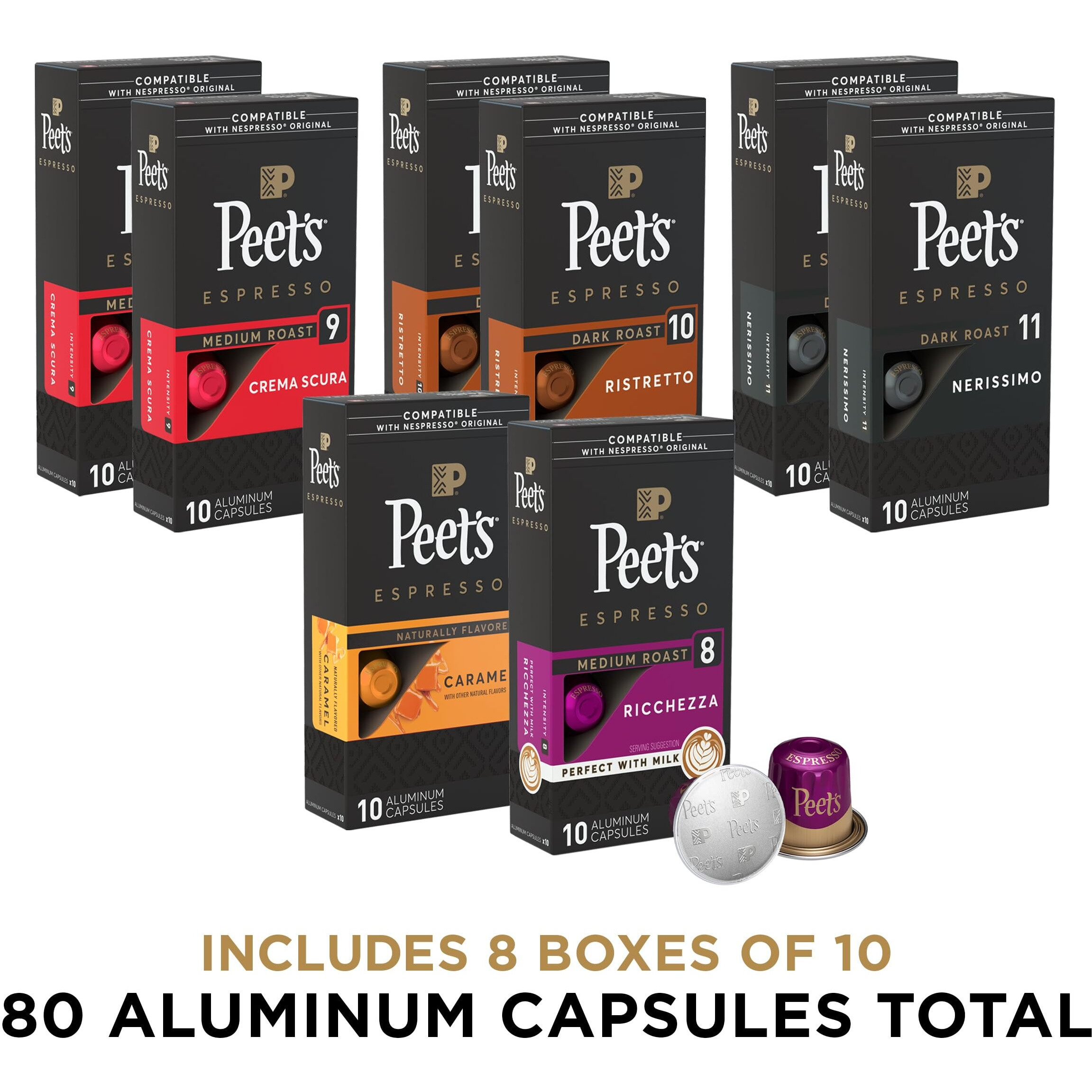 Peet's Coffee, Dark Roast Espresso Capsules, 80 Count Variety Pack (8 Boxes Of 10 Espresso Pods)