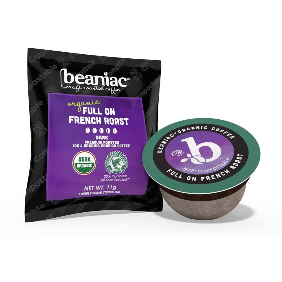Beaniac Organic Full On French Roast, Dark Roast, Single Serve Compostable K Cup Coffee Pods, Organic Arabica Coffee, Keurig Brewer Compatible, 72 Count