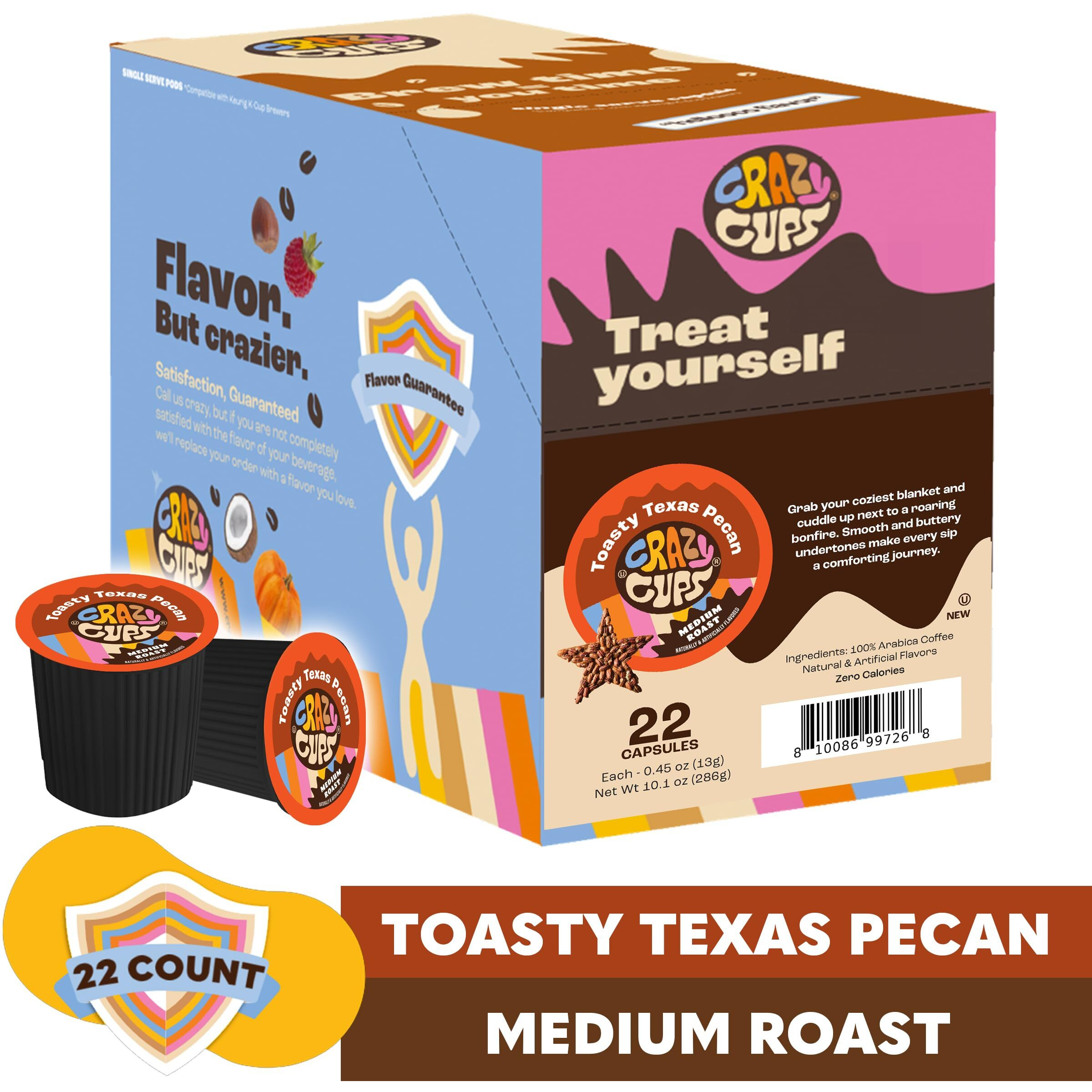 Crazy Cup Flavored Coffee Pods, Toasty Texas Pecan Coffee Pods For K Cup Keurig Machines, Brew Hot Or Iced, 22 Count