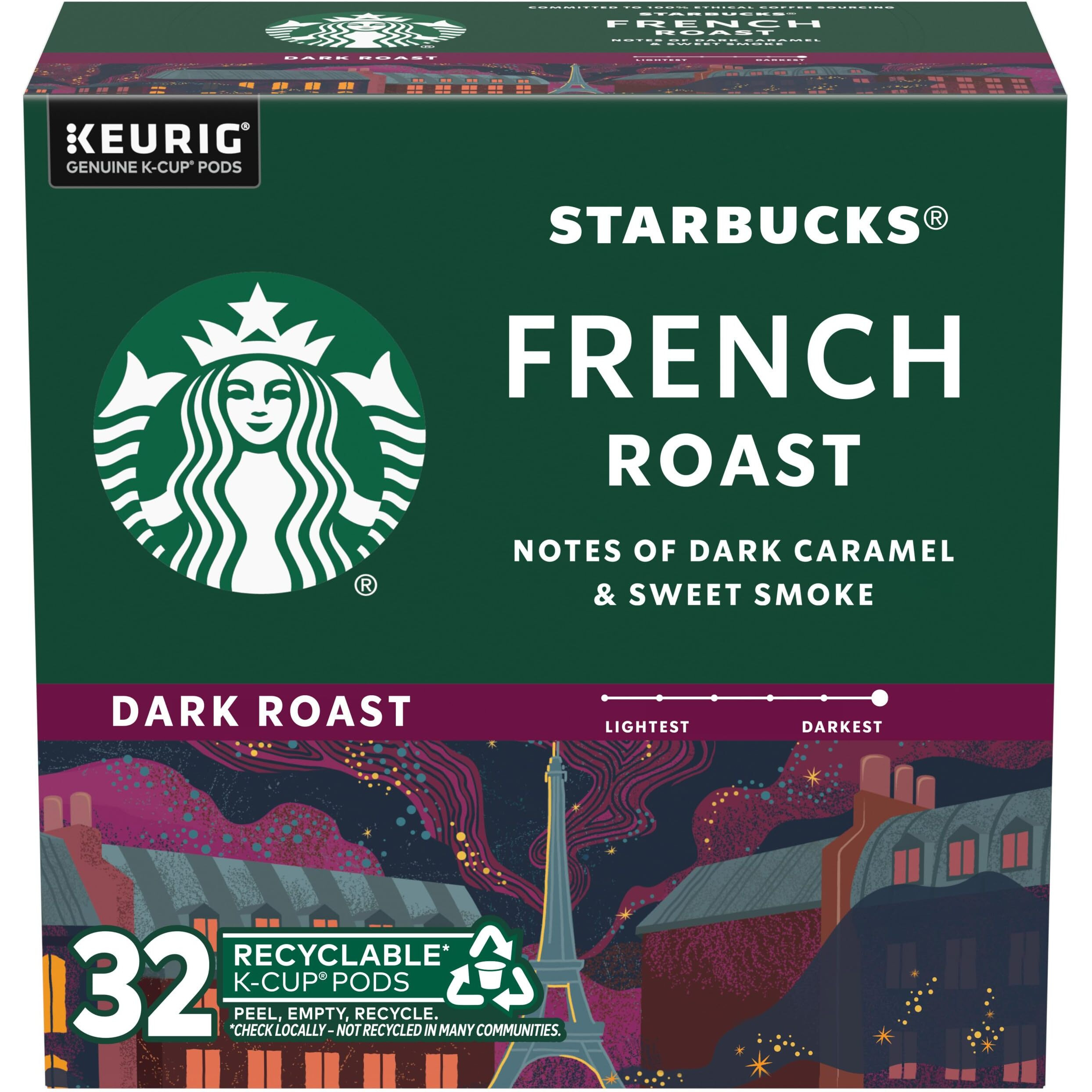 Starbucks K-Cup Coffee Pods, Dark Roast Coffee, French Roast, 100% Arabica, 1 Box (32 Pods)
