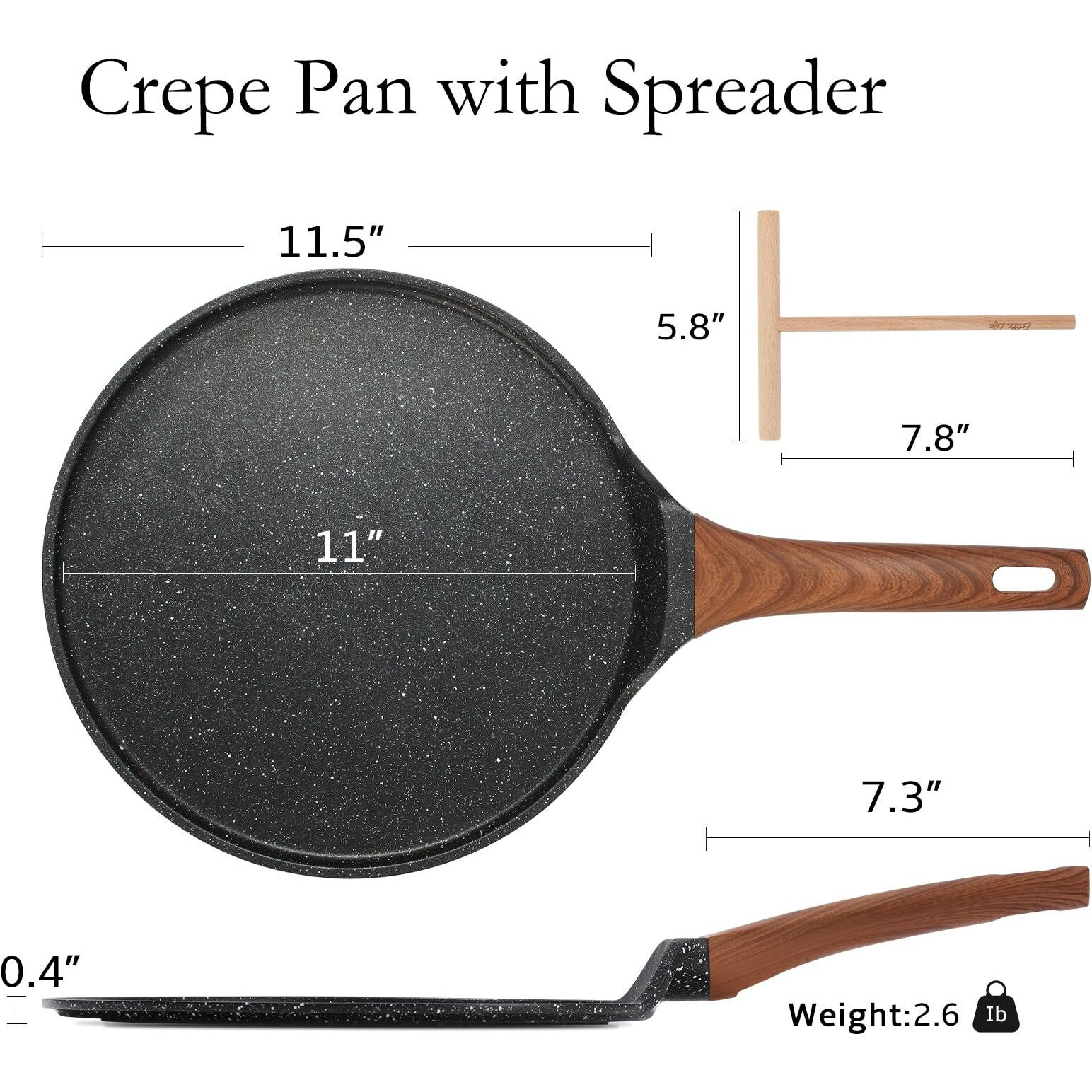 Eslite Life 11 Inch Crepe Pan With Spreader, Nonstick Ceramic Flat Skillet Dosa Tawa Comales Para Tortillas Pancake Pan, Ptfe & Pfoa Free, Black