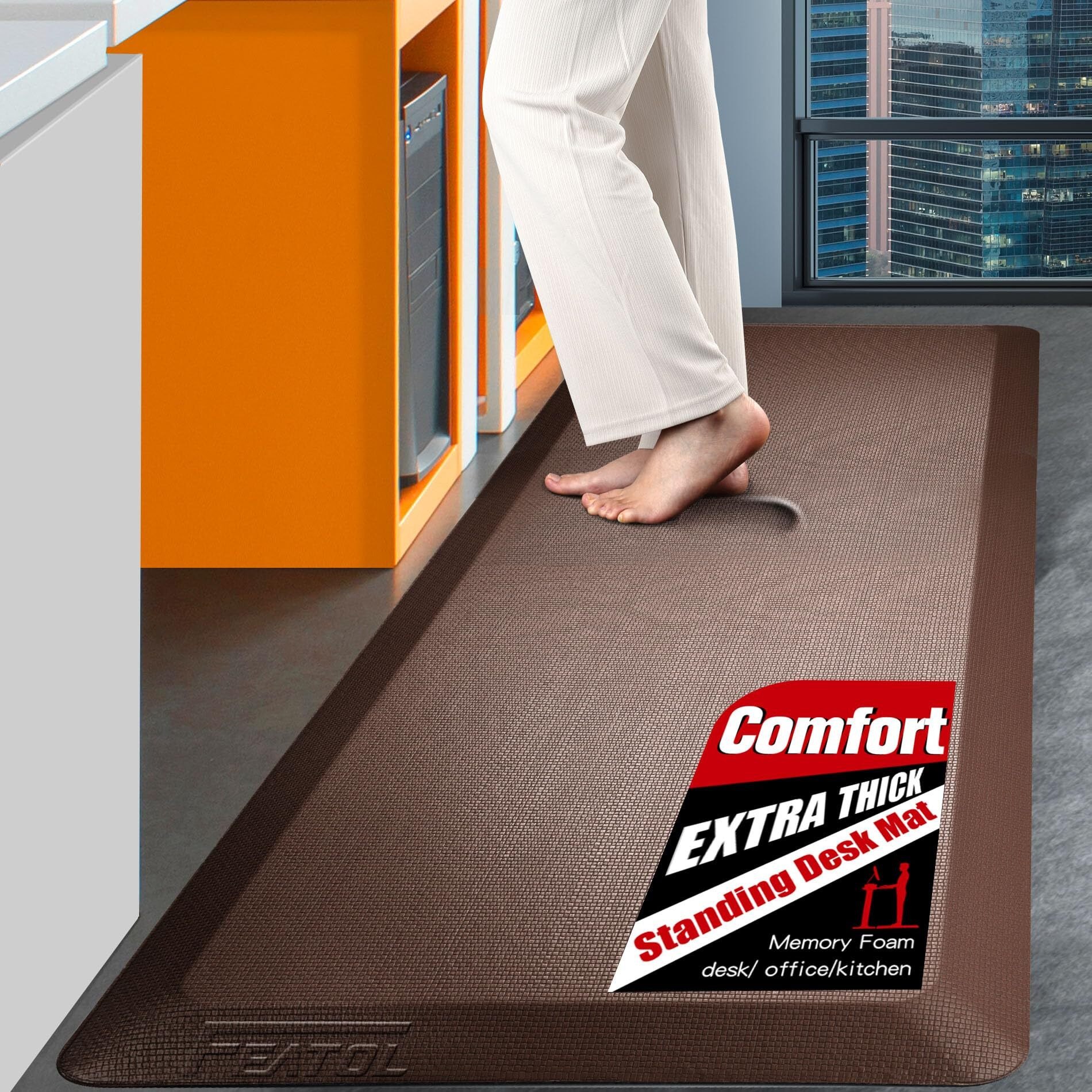 Featol Anti Fatigue Mat Floor Mat, Extra Thick Standing Office Desk Mat Memory Foam Cushioned Anti Fatigue Ergonomic Kitchen Mats Comfort Standing Pad Not Pvc 9/10 Inch Thick (20"" X 39, Brown)