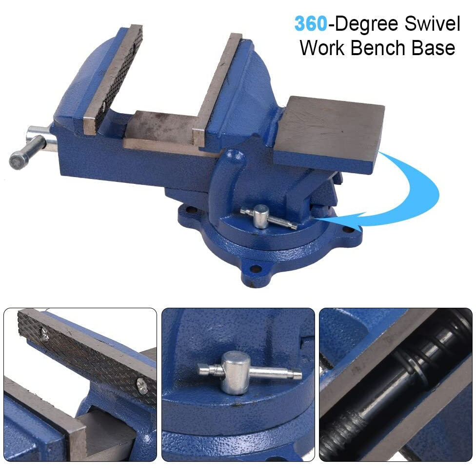 6"" Heavy Duty Bench Vise, Pipe Vise Bench Vices With Anvil Swivel Table Top Clamp Locking Base, Double Swivel Rotating Vise Head& Body Rotates 360-Blue