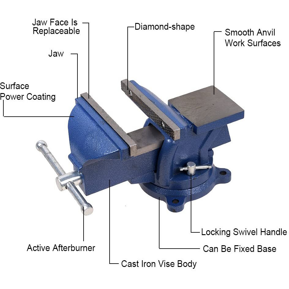6"" Heavy Duty Bench Vise, Pipe Vise Bench Vices With Anvil Swivel Table Top Clamp Locking Base, Double Swivel Rotating Vise Head& Body Rotates 360-Blue