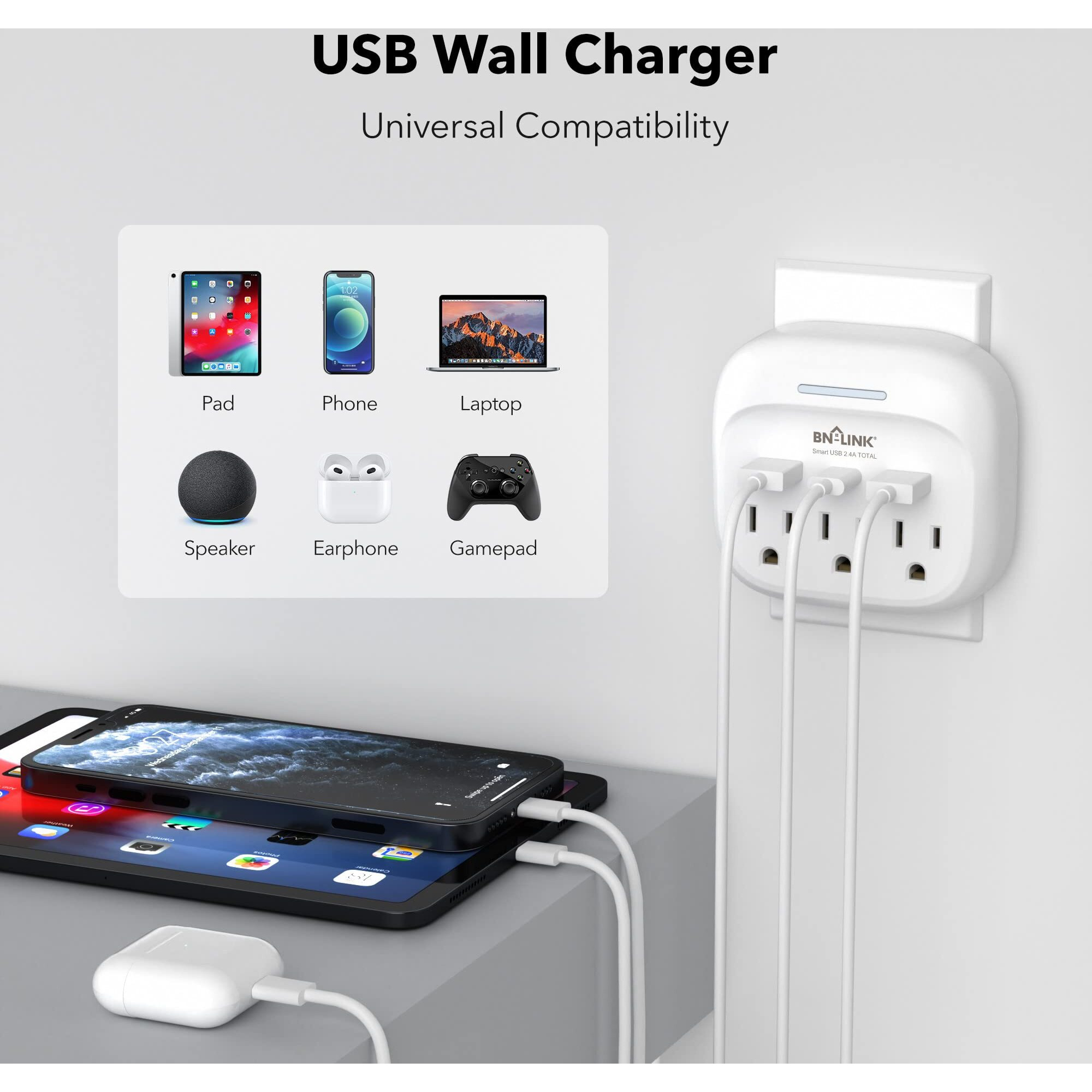 Bn-Link Multi Plug Outlet Extender 2 Pack, 3 Wall Outlets Outlet Splitter With 3 Usb Ports(1 Usb C), Charging Adapter For Dorm, School, Travel, Office, Home